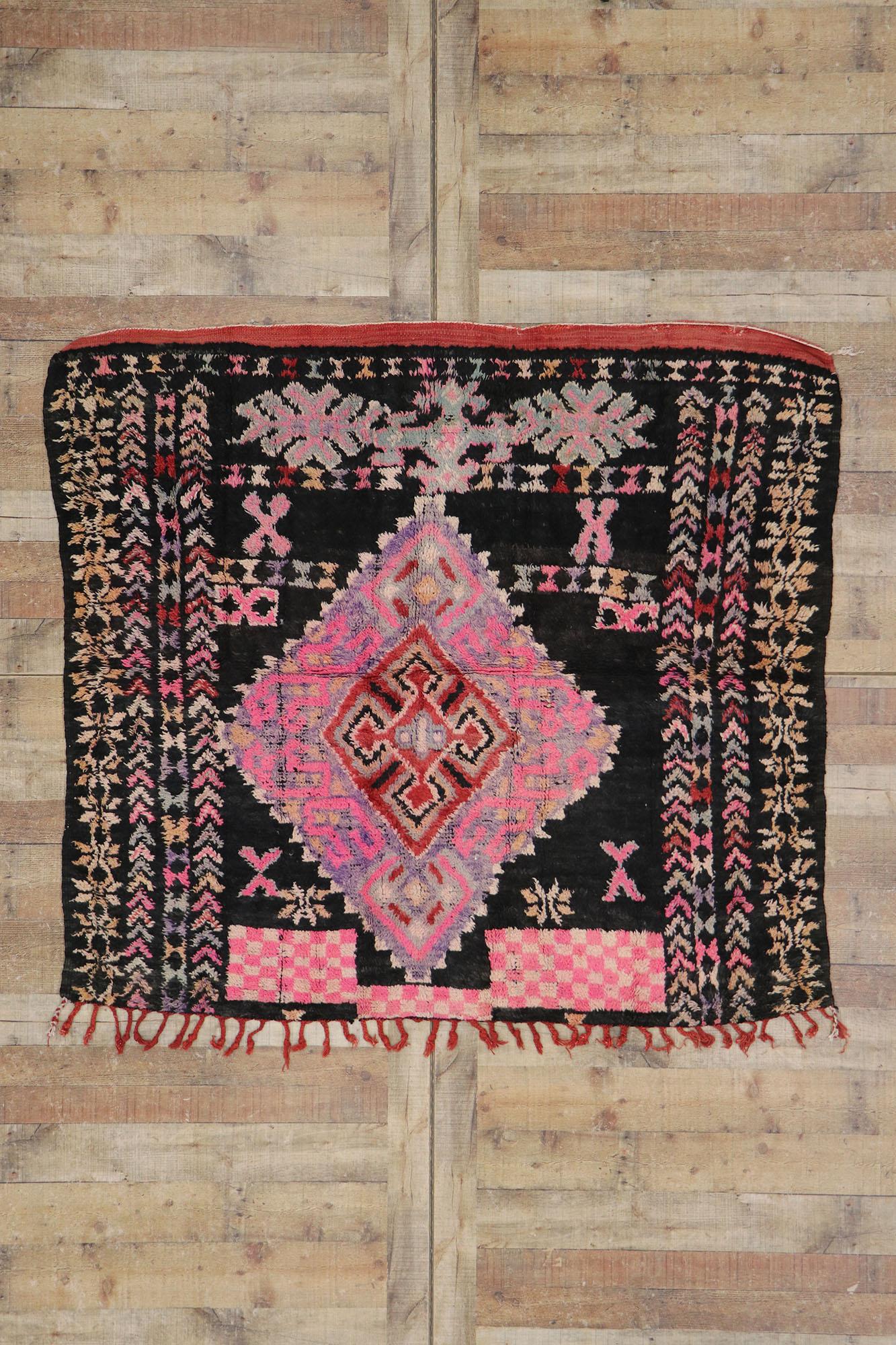 20th Century Vintage Pink & Black Boujad Moroccan Rug, Tribal Enchantment Meets Boho Chic For Sale