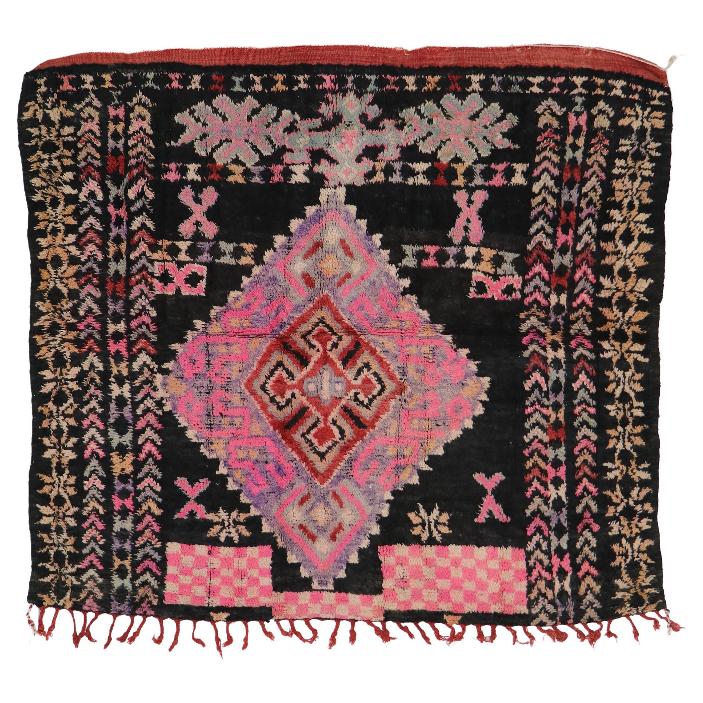 Vintage Pink & Black Boujad Moroccan Rug, Tribal Enchantment Meets Boho Chic For Sale