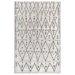 Vintage Mid-Century Hand-Woven Wool Ivory and Brown Traditional Moroccan Rug