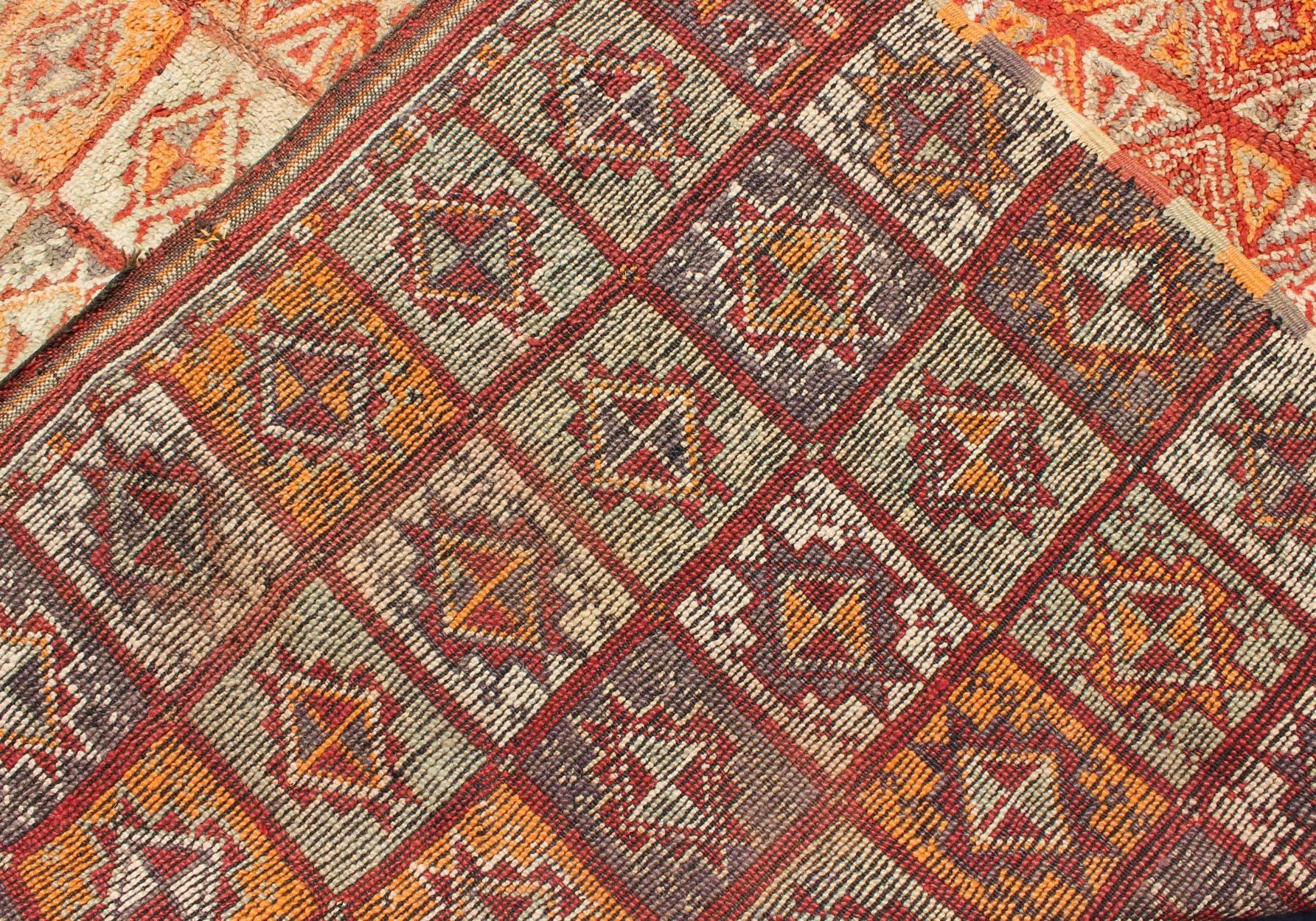 Vintage Moroccan Rug in Autumn Colors, Red, Pumpkin, Orange and Light Green For Sale 1