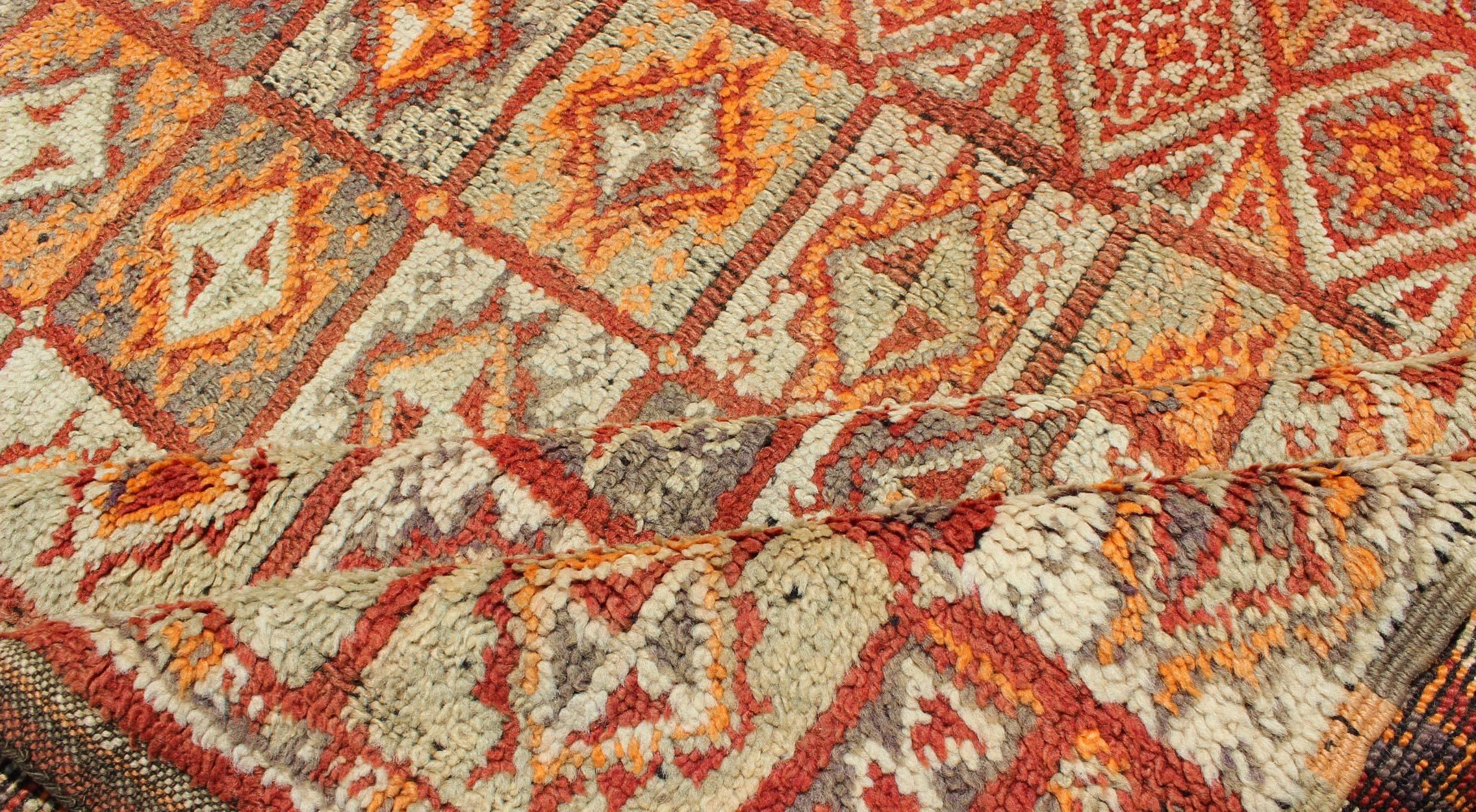 Tribal Vintage Moroccan Rug in Autumn Colors, Red, Pumpkin, Orange and Light Green For Sale