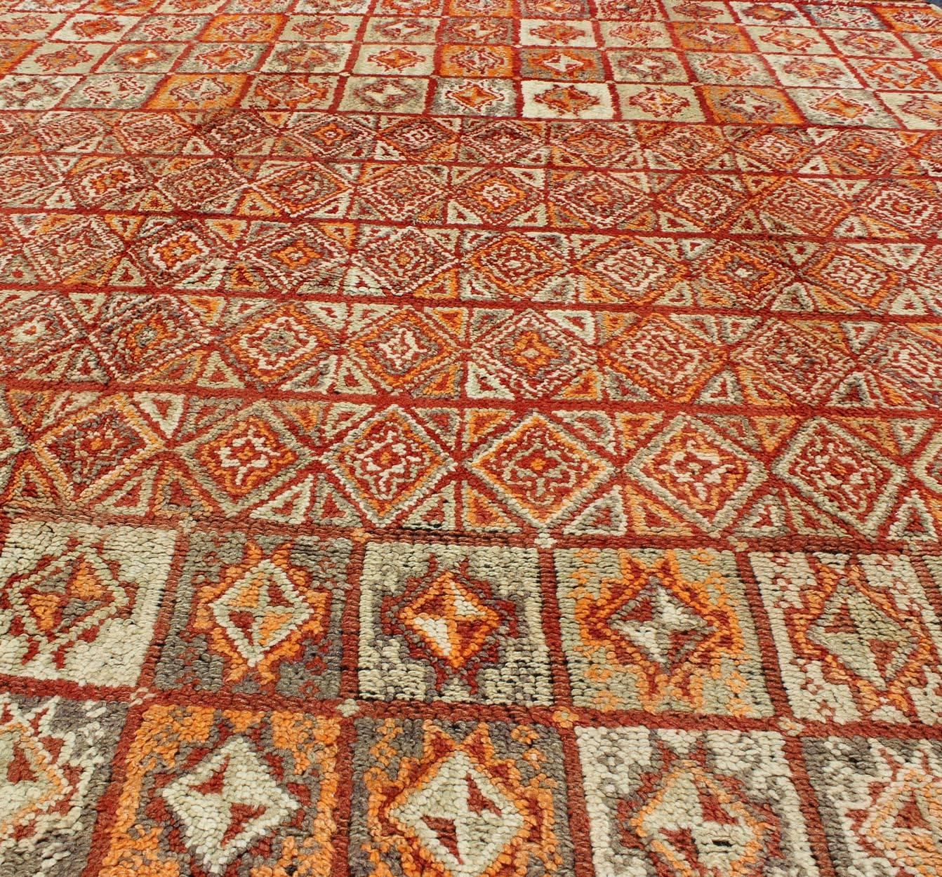 Hand-Knotted Vintage Moroccan Rug in Autumn Colors, Red, Pumpkin, Orange and Light Green For Sale