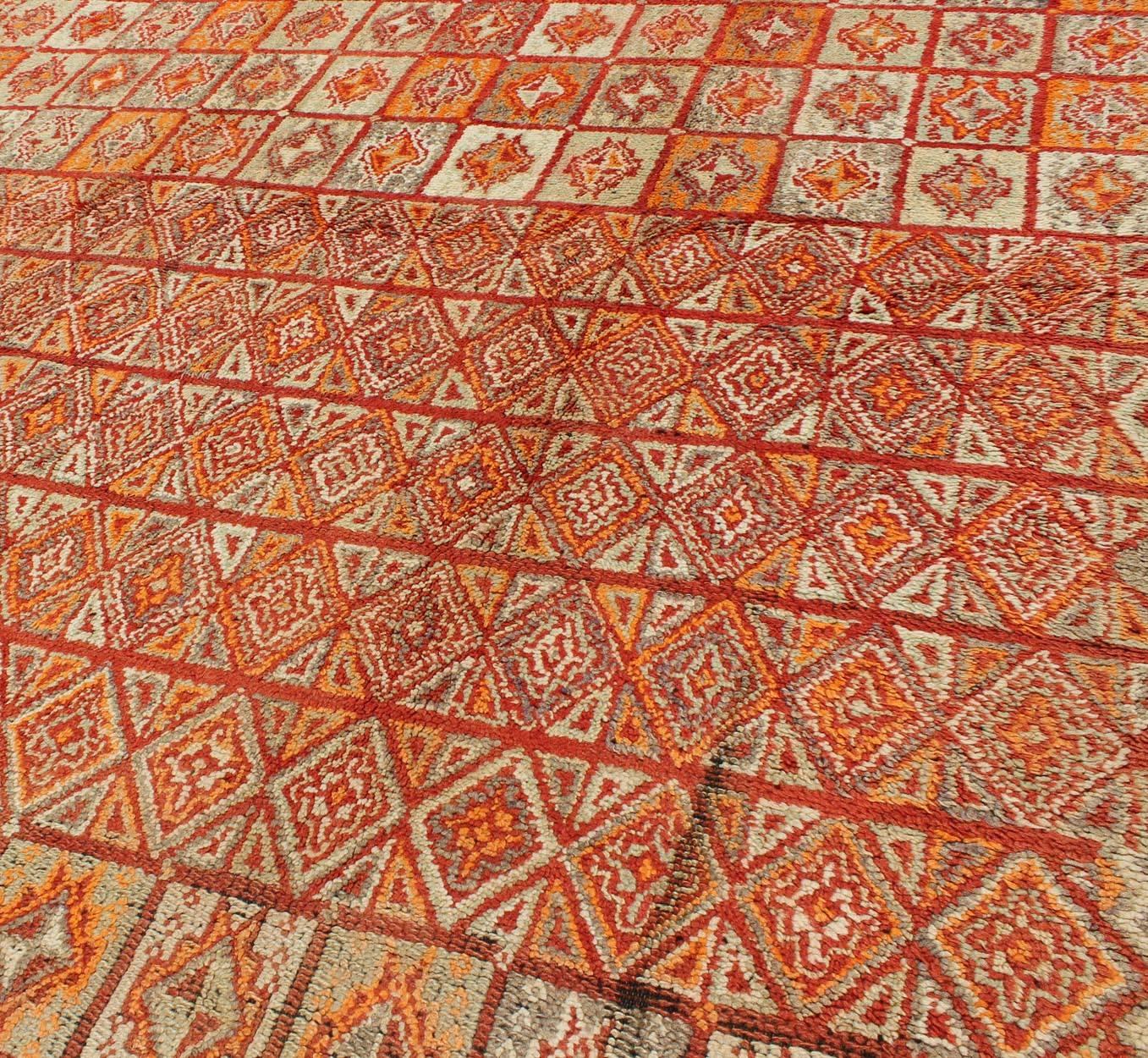 Mid-20th Century Vintage Moroccan Rug in Autumn Colors, Red, Pumpkin, Orange and Light Green For Sale