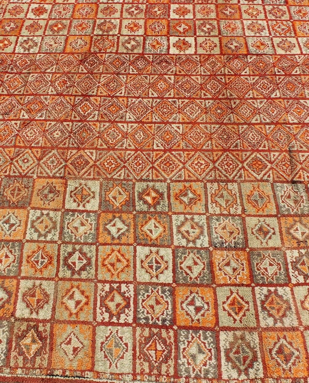 Wool Vintage Moroccan Rug in Autumn Colors, Red, Pumpkin, Orange and Light Green For Sale