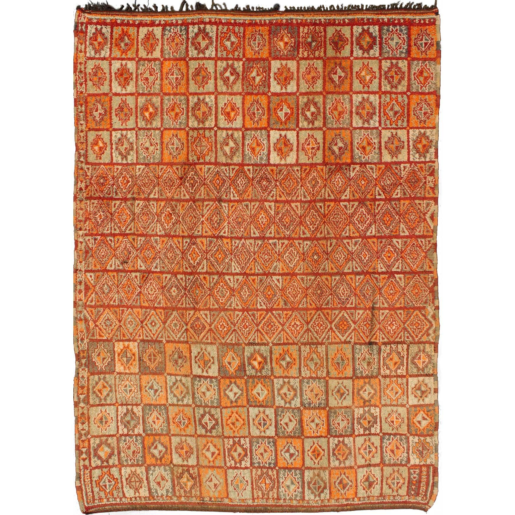 Vintage Moroccan Rug in Autumn Colors, Red, Pumpkin, Orange and Light Green