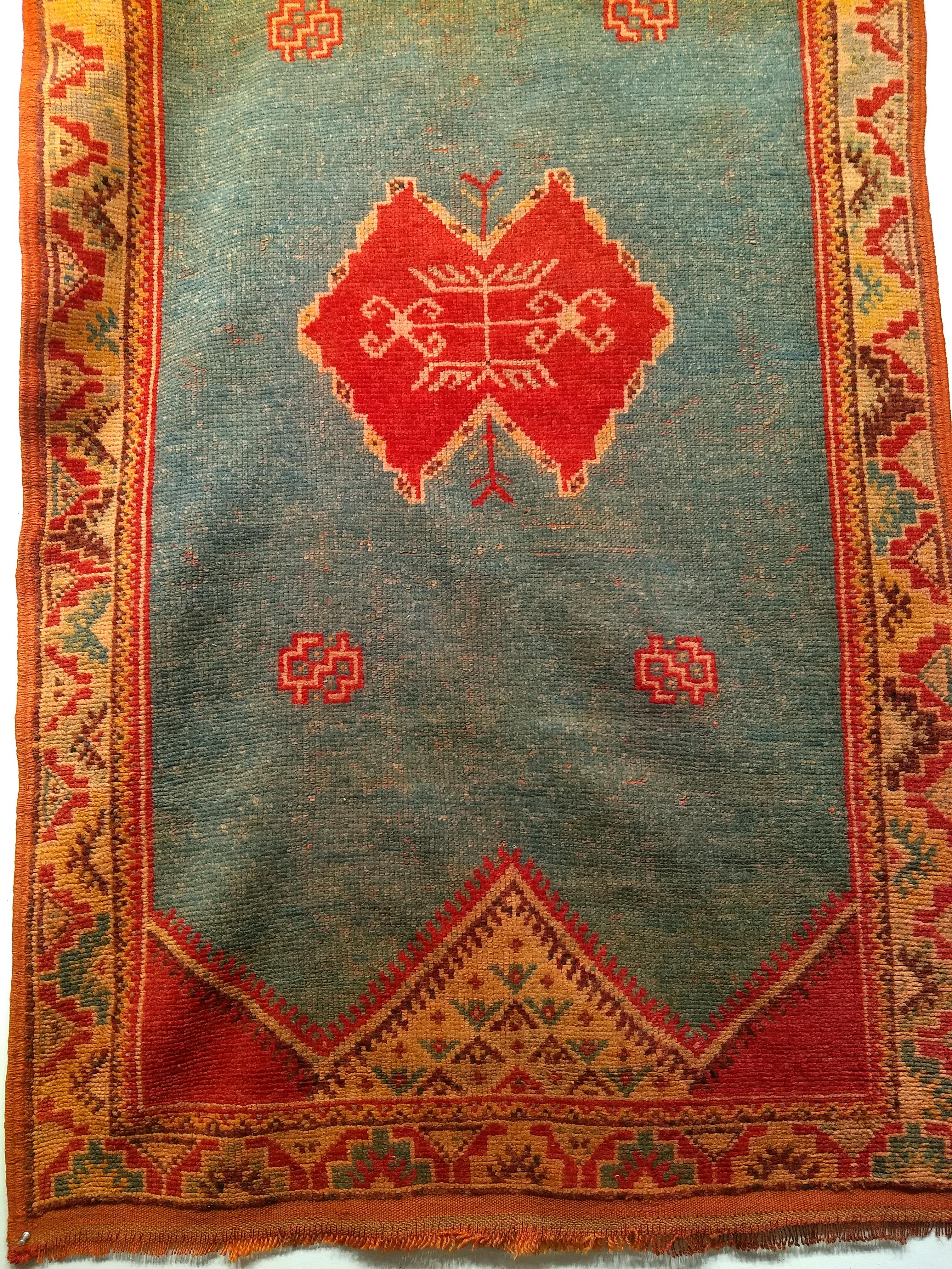 Wool Vintage Moroccan Area Rug in Geometric Pattern in Pale Green, yellow, Red, Brown For Sale