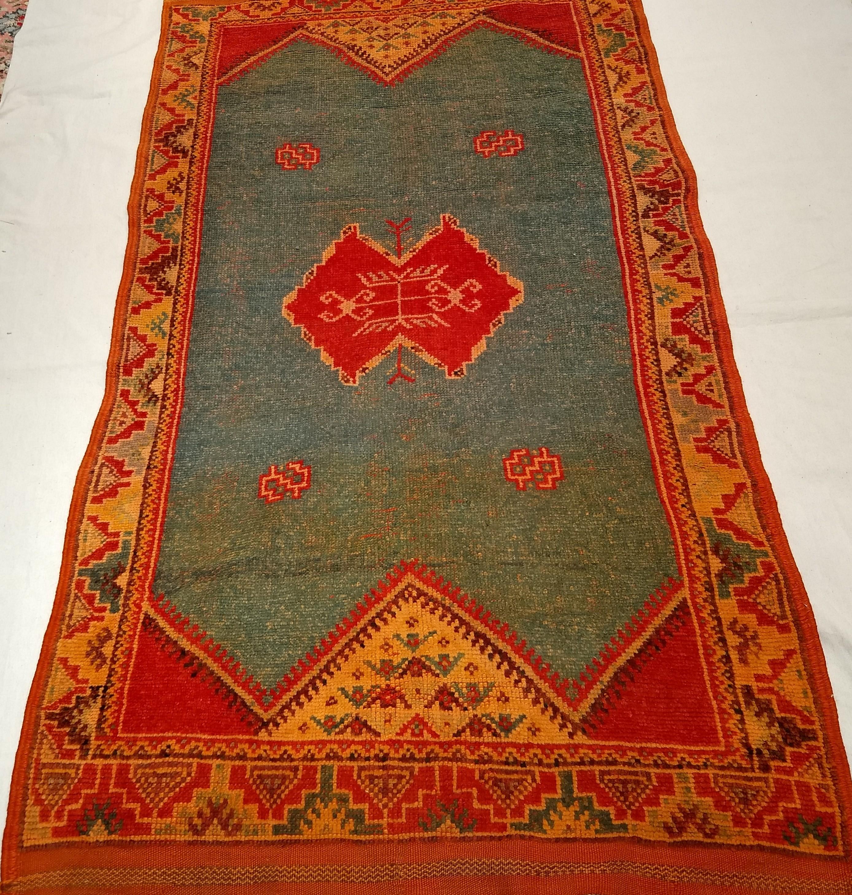 Vintage Moroccan Area Rug in Geometric Pattern in Pale Green, yellow, Red, Brown For Sale 1
