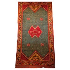 Retro Moroccan Area Rug in Geometric Pattern in Pale Green, yellow, Red, Brown