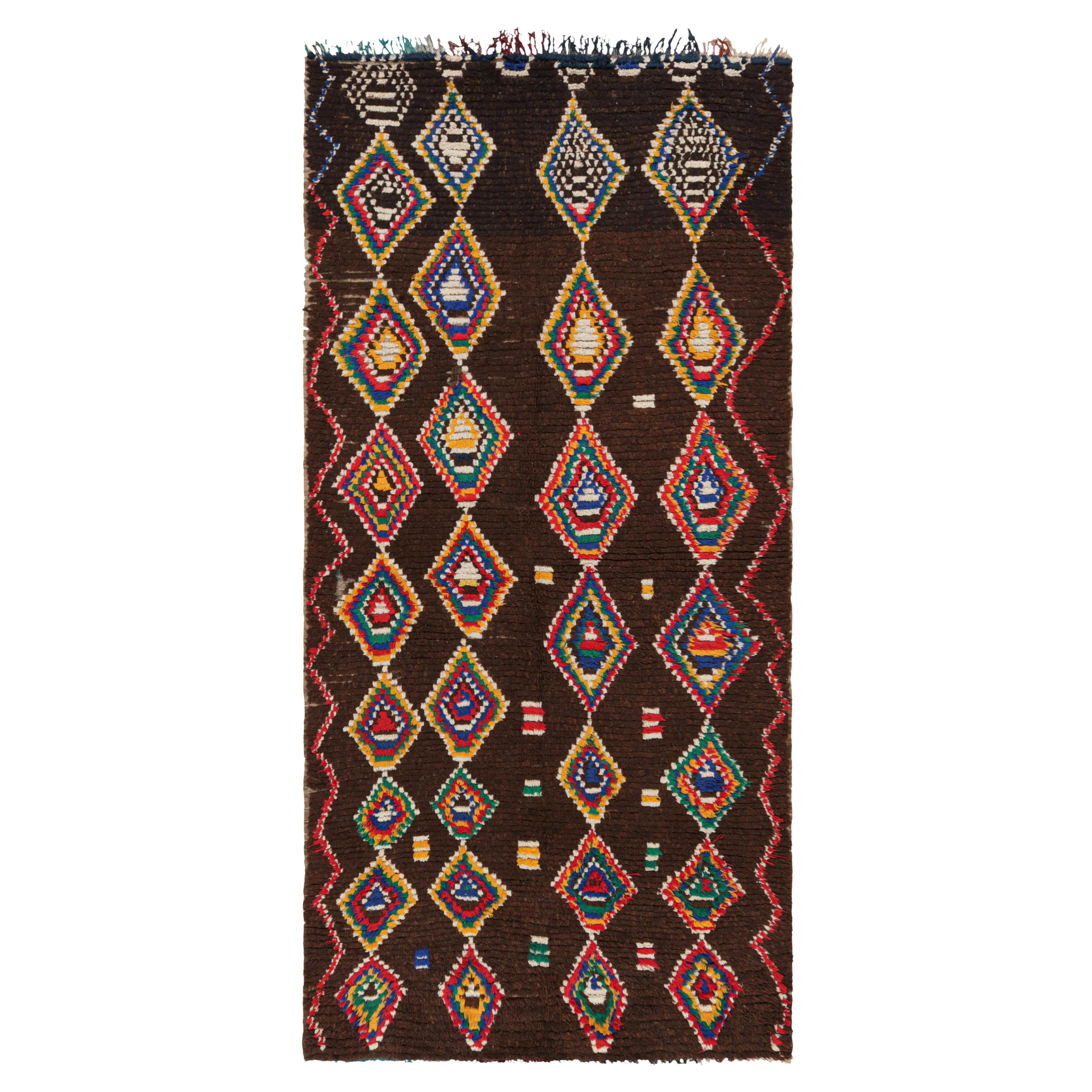 Vintage Moroccan Rug in Brown with Colorful Lozenge Diamonds  Rug & Kilim