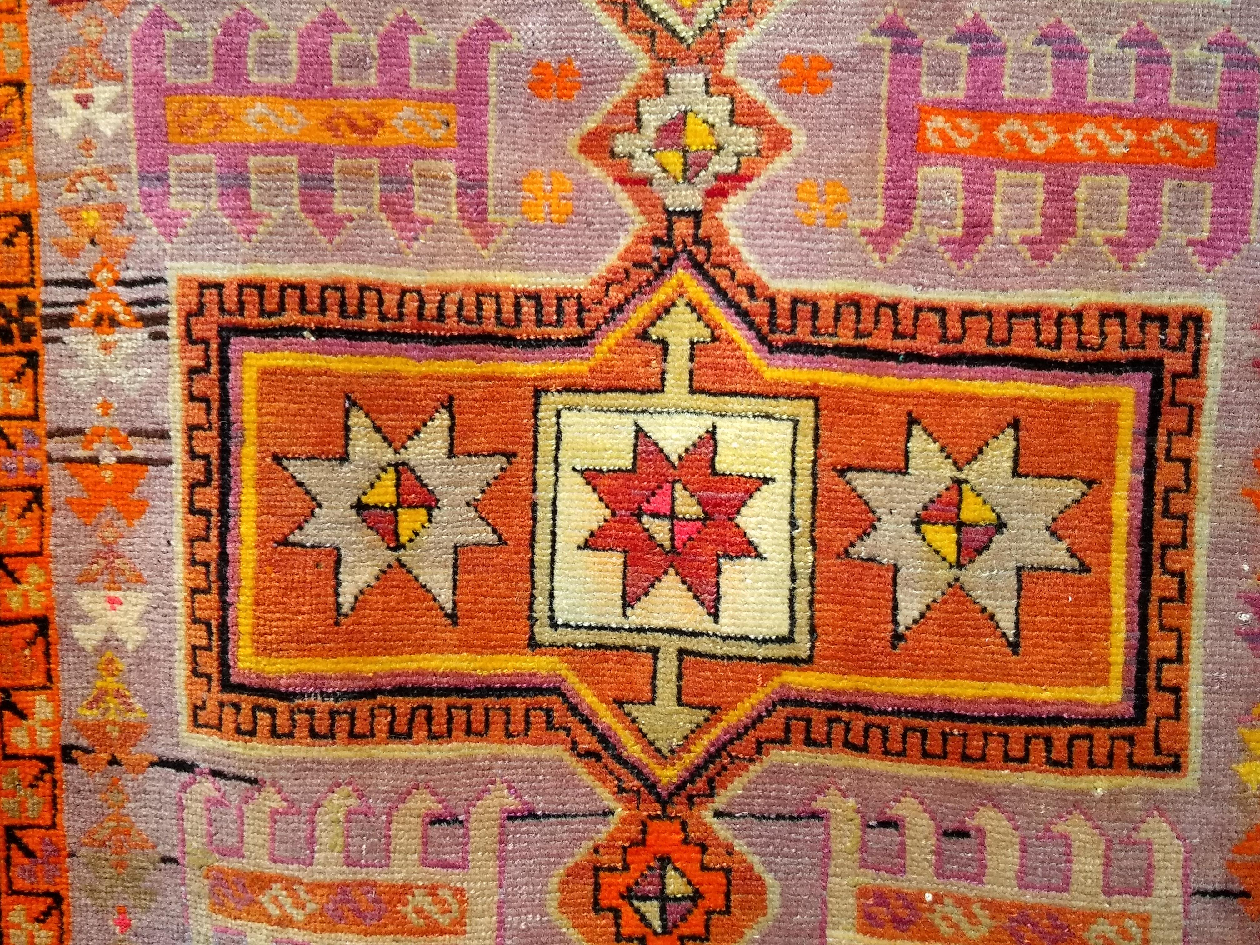 Vintage Moroccan Rug in Geometric Pattern in Purple, Pink, Yellow and Orange For Sale 4