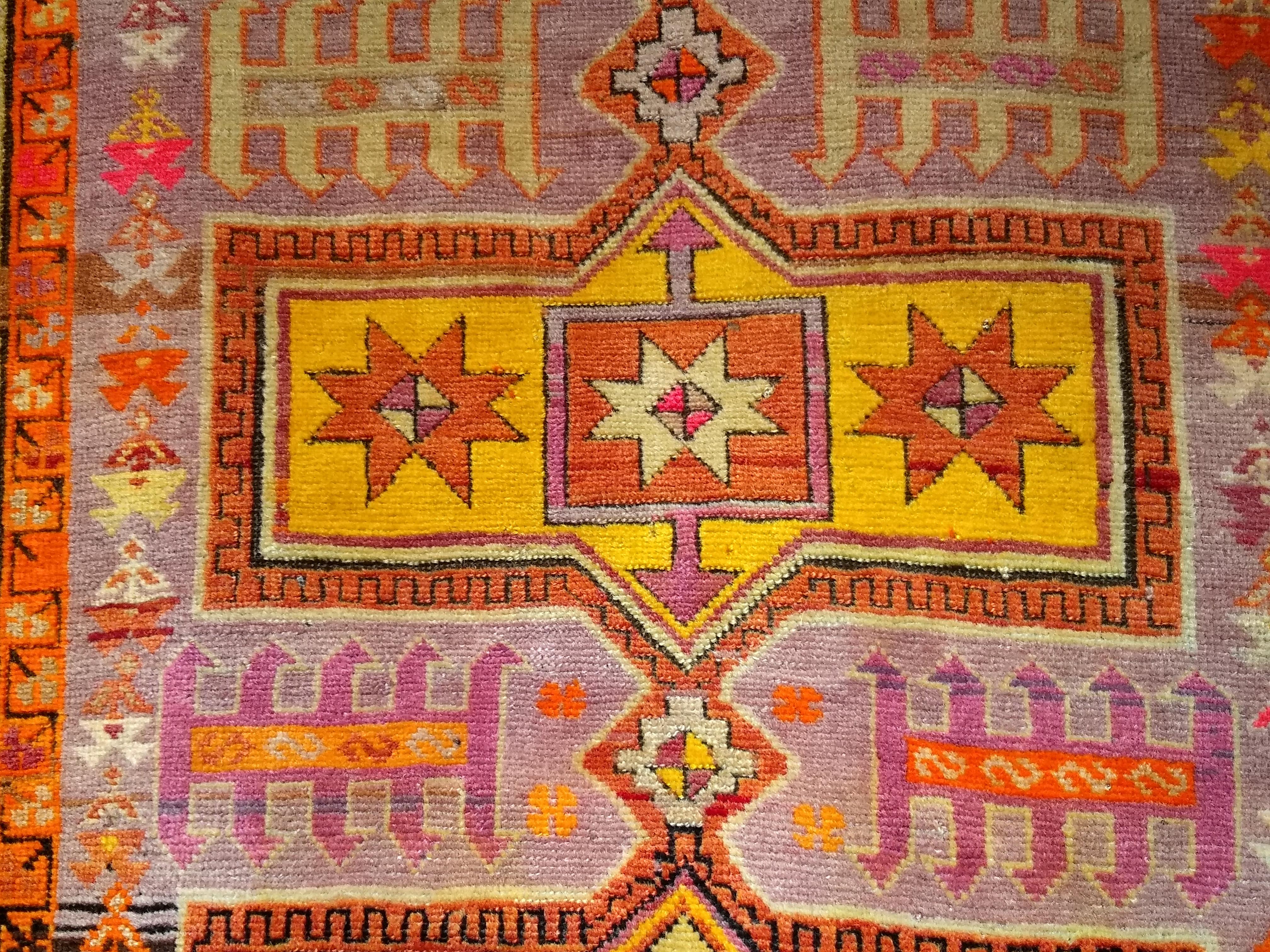 Vintage Moroccan Rug in Geometric Pattern in Purple, Pink, Yellow and Orange For Sale 5