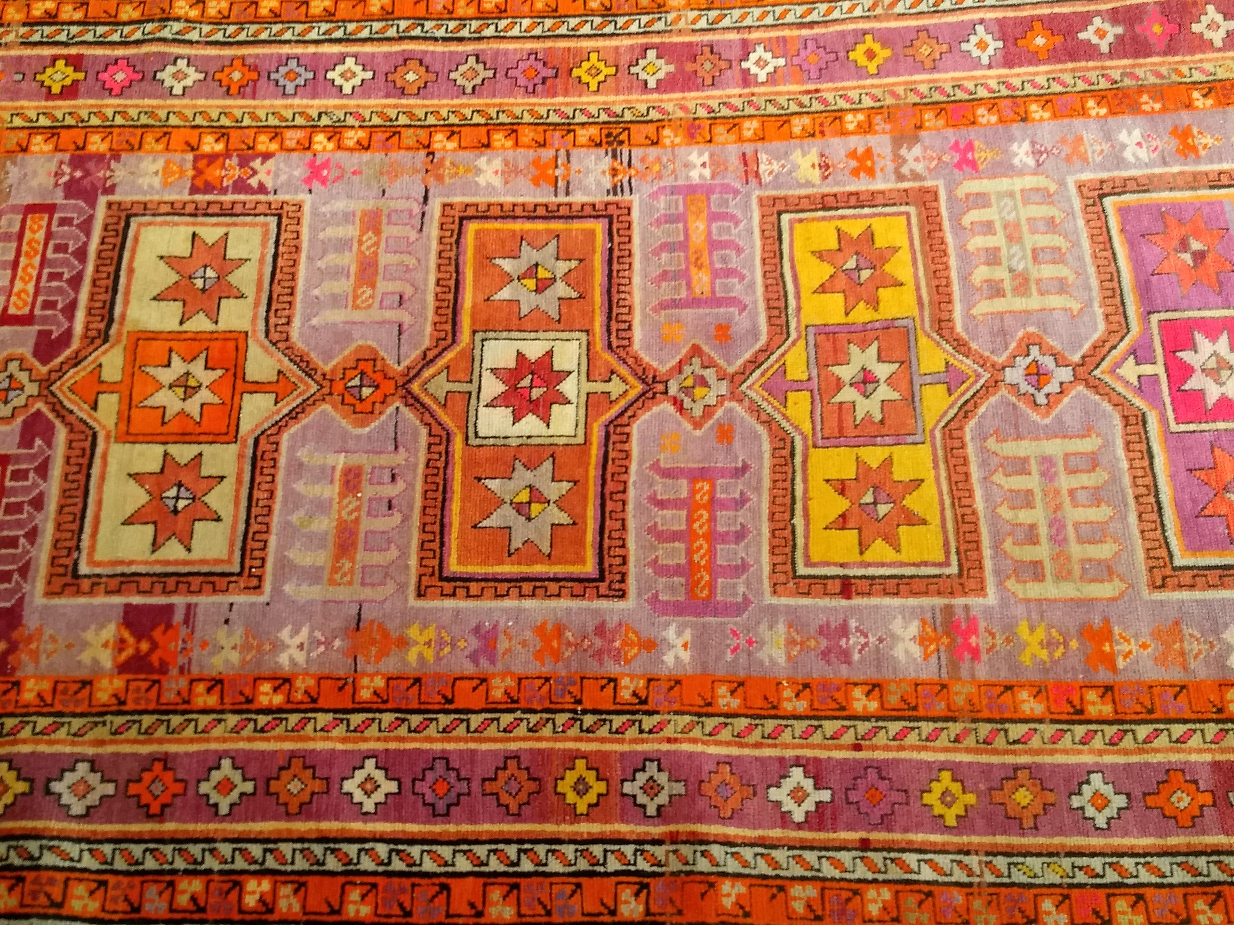Vintage Moroccan Rug in Geometric Pattern in Purple, Pink, Yellow and Orange For Sale 6