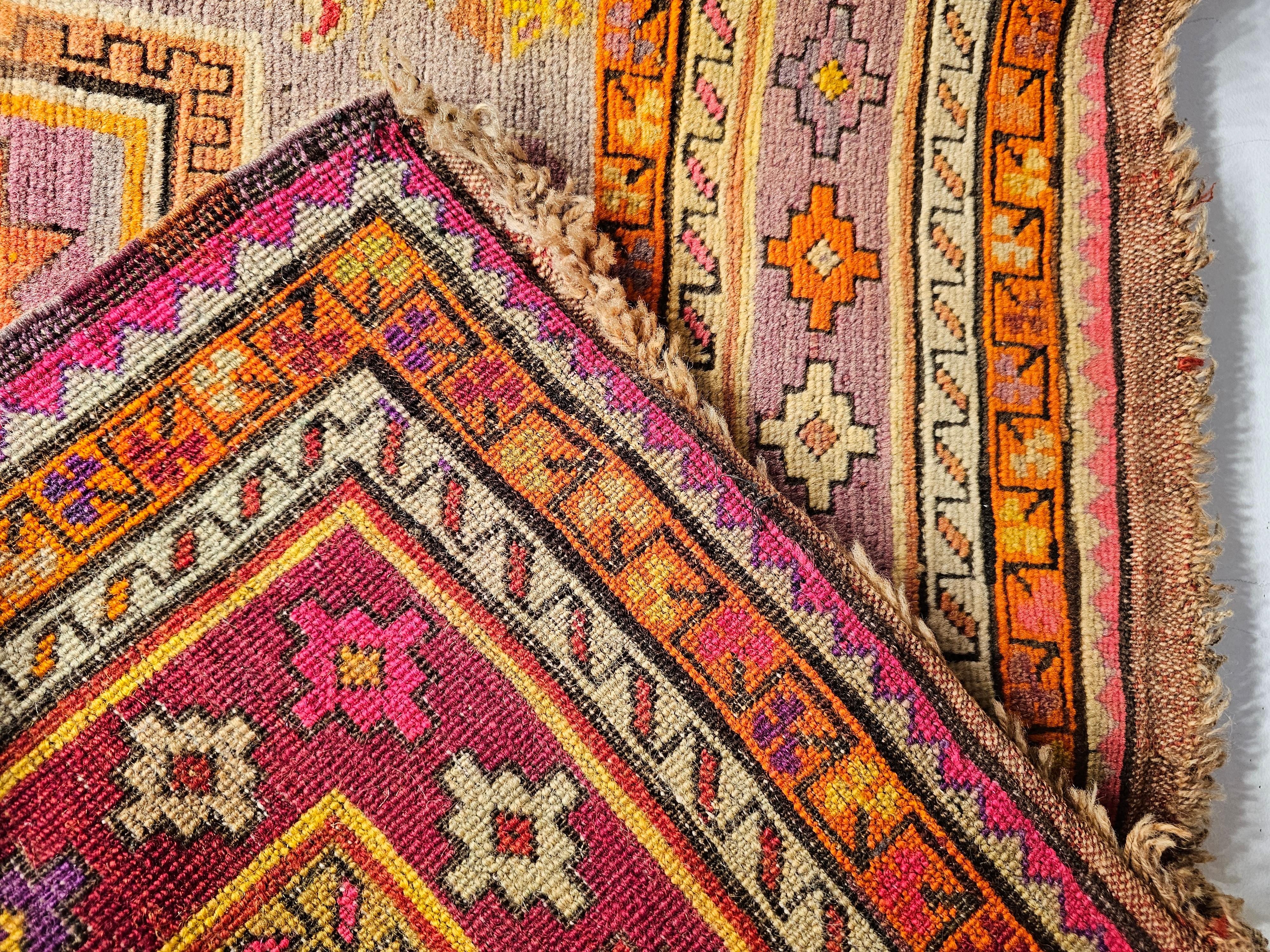Vintage Moroccan Rug in Geometric Pattern in Purple, Pink, Yellow and Orange For Sale 7