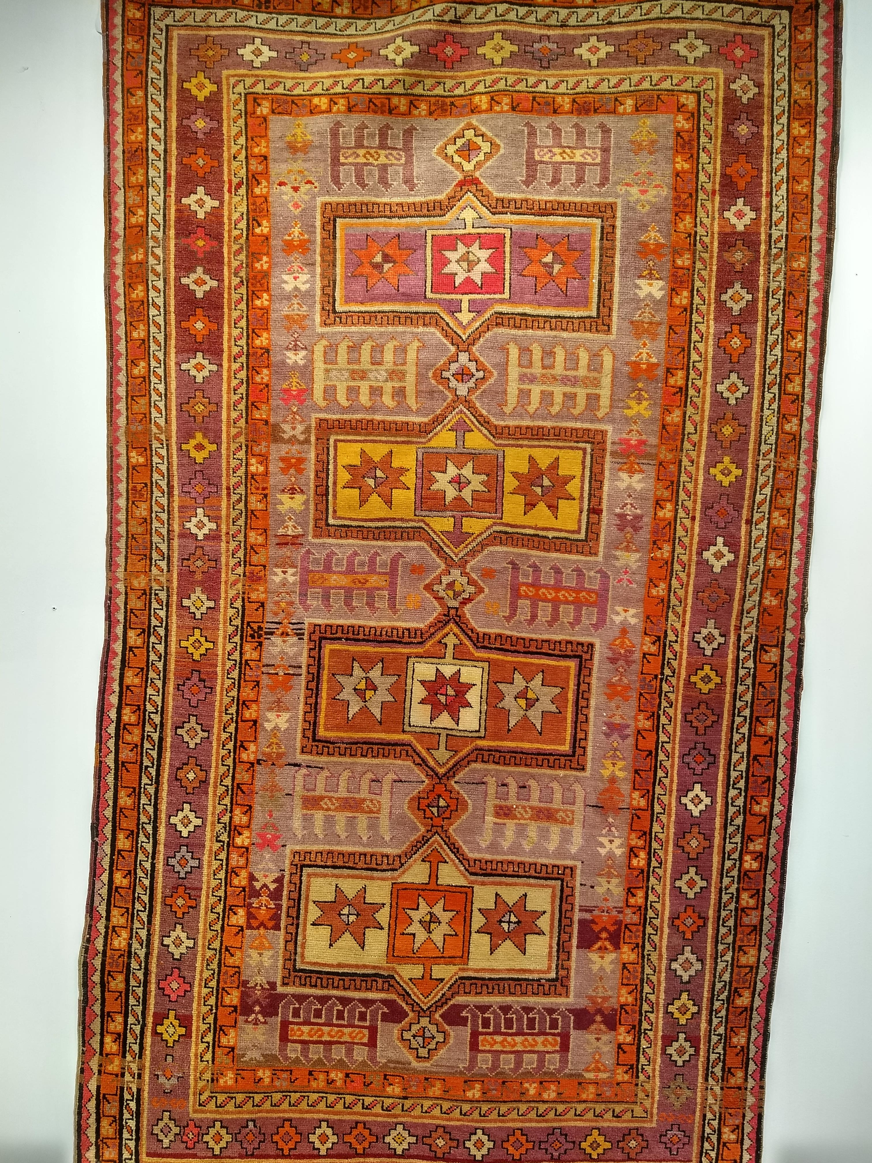 Hand-Knotted Vintage Moroccan Rug in Geometric Pattern in Purple, Pink, Yellow and Orange For Sale