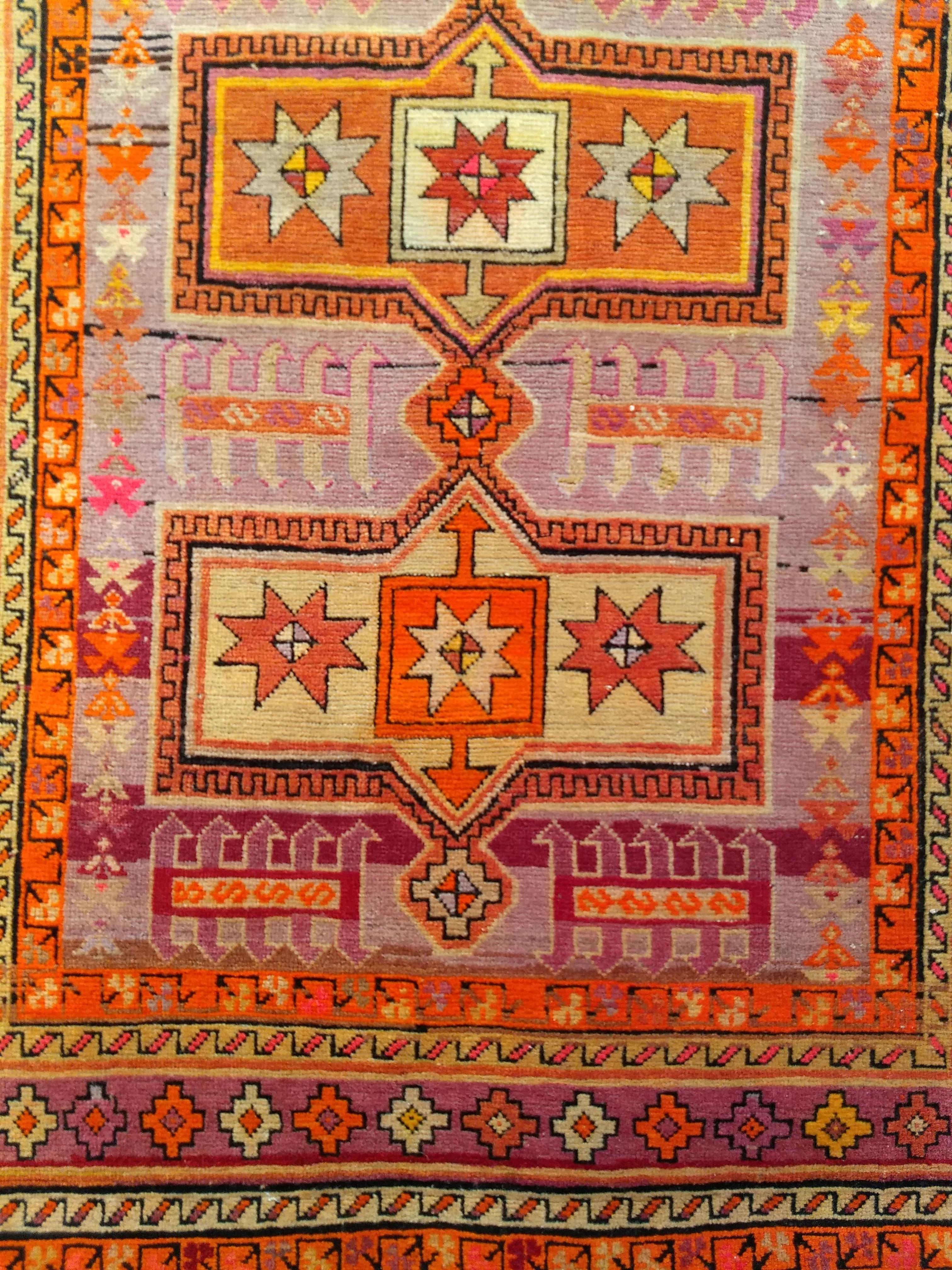 Vintage Moroccan Rug in Geometric Pattern in Purple, Pink, Yellow and Orange In Good Condition For Sale In Barrington, IL