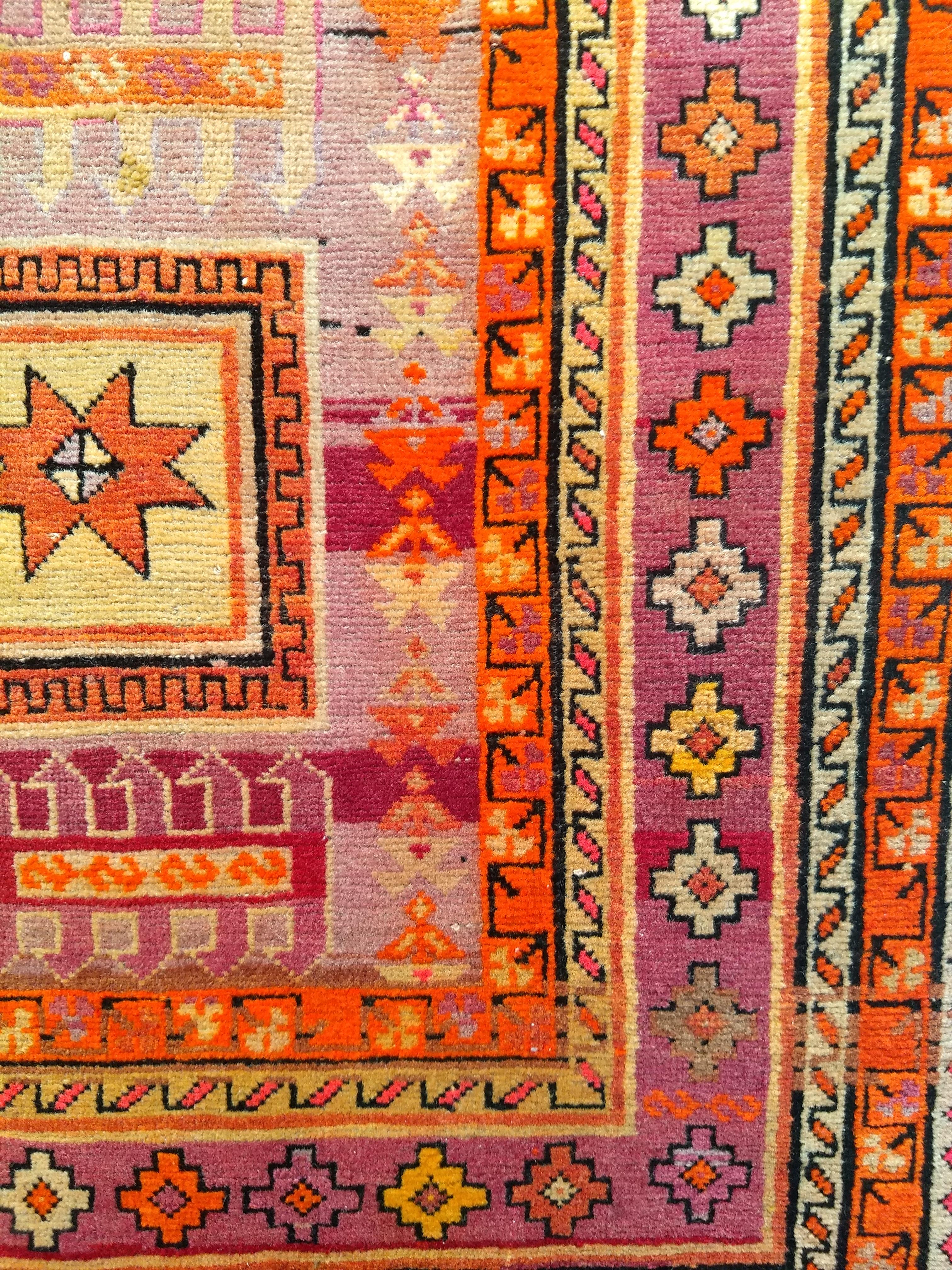 20th Century Vintage Moroccan Rug in Geometric Pattern in Purple, Pink, Yellow and Orange For Sale
