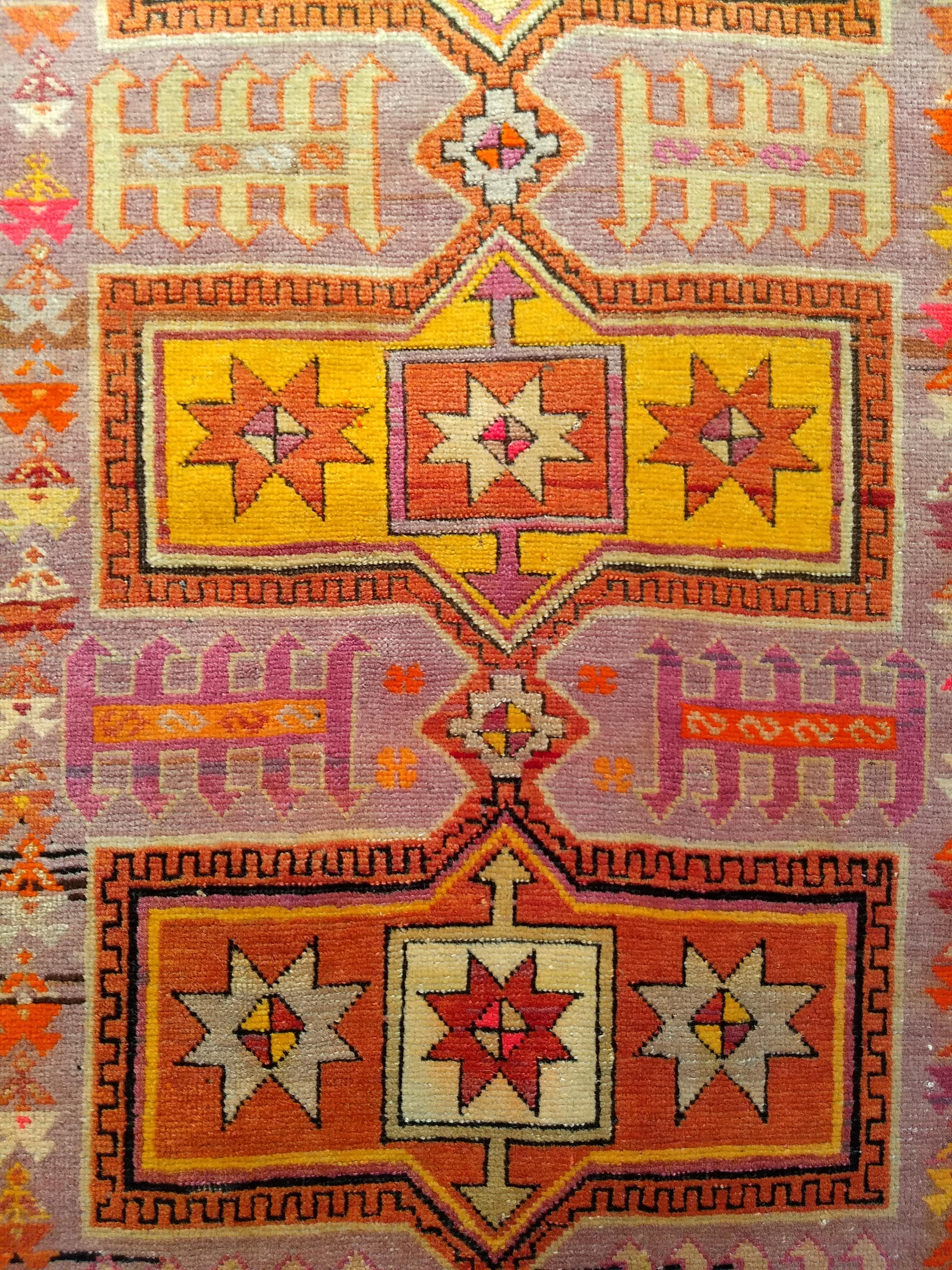 Wool Vintage Moroccan Rug in Geometric Pattern in Purple, Pink, Yellow and Orange For Sale