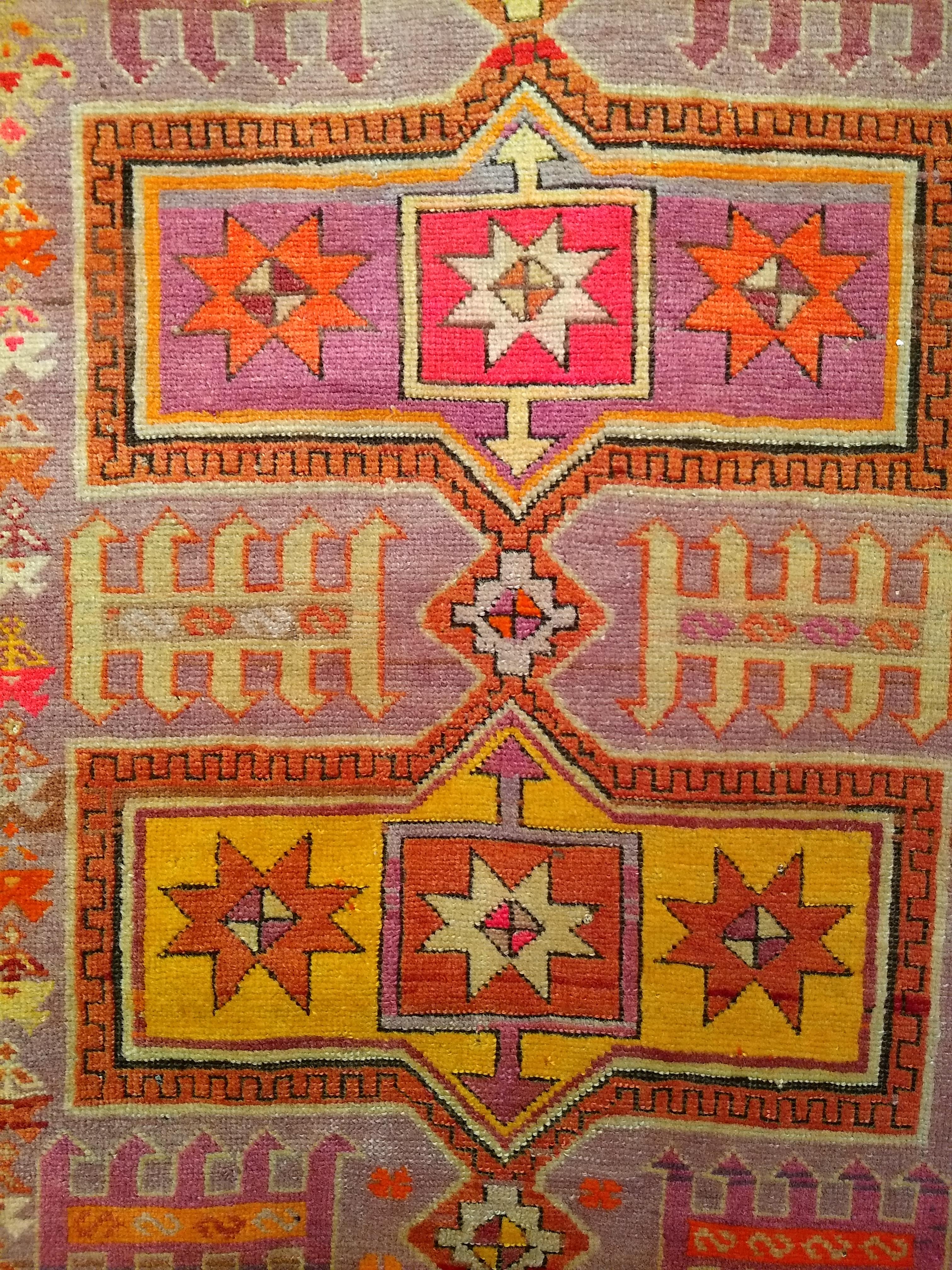 Vintage Moroccan Rug in Geometric Pattern in Purple, Pink, Yellow and Orange For Sale 1