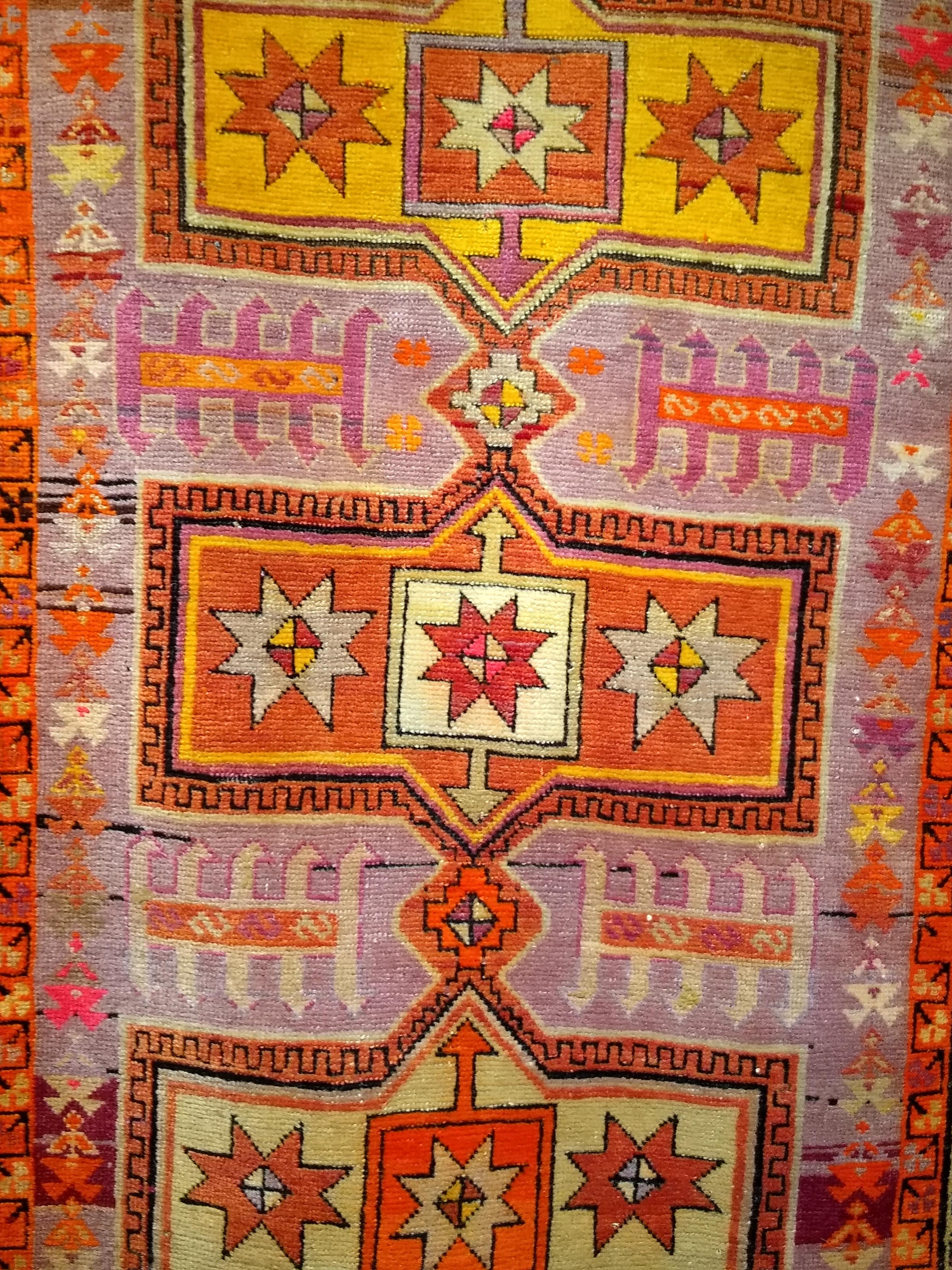 Vintage Moroccan Rug in Geometric Pattern in Purple, Pink, Yellow and Orange For Sale 2