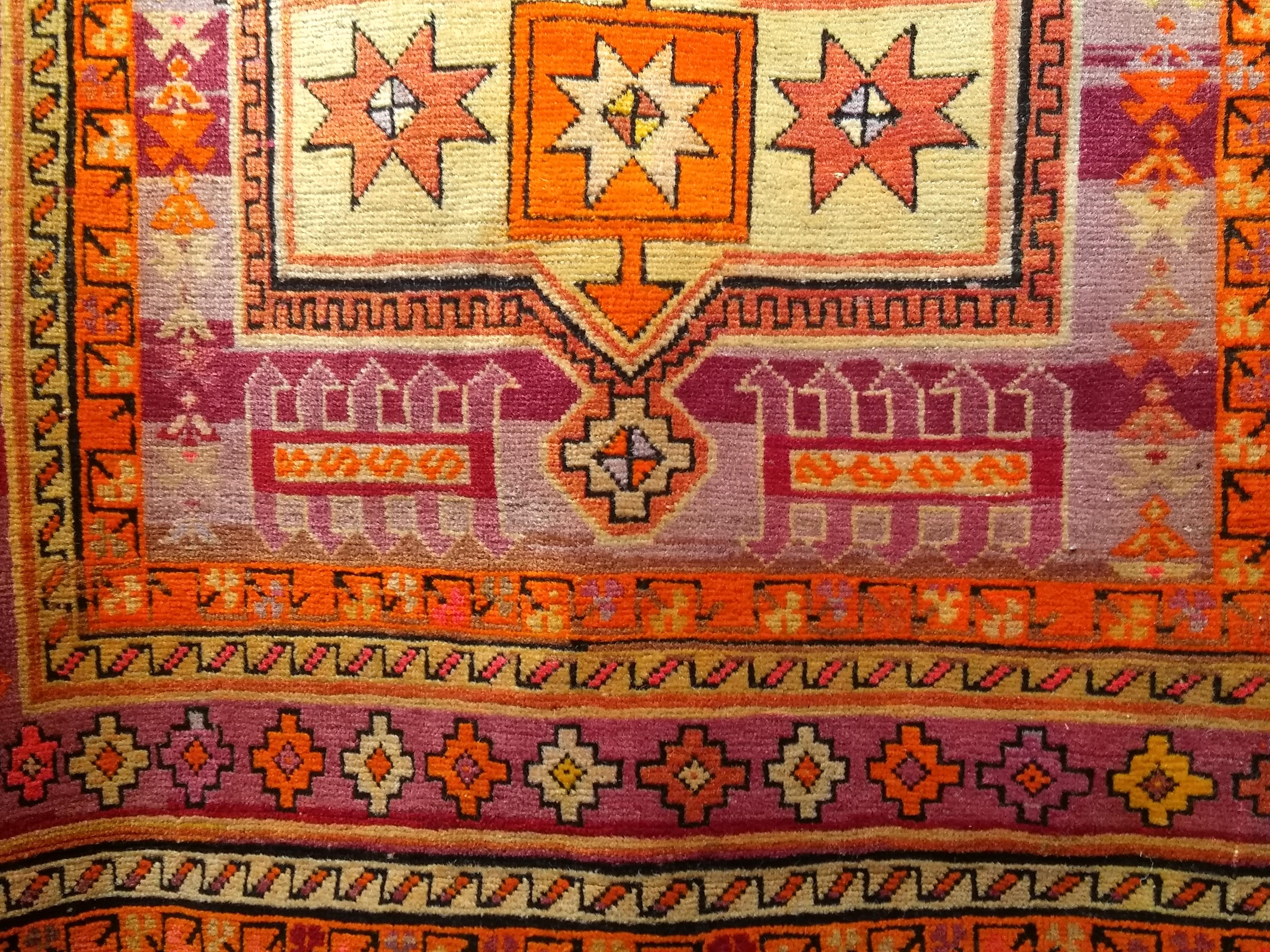 Vintage Moroccan Rug in Geometric Pattern in Purple, Pink, Yellow and Orange For Sale 3