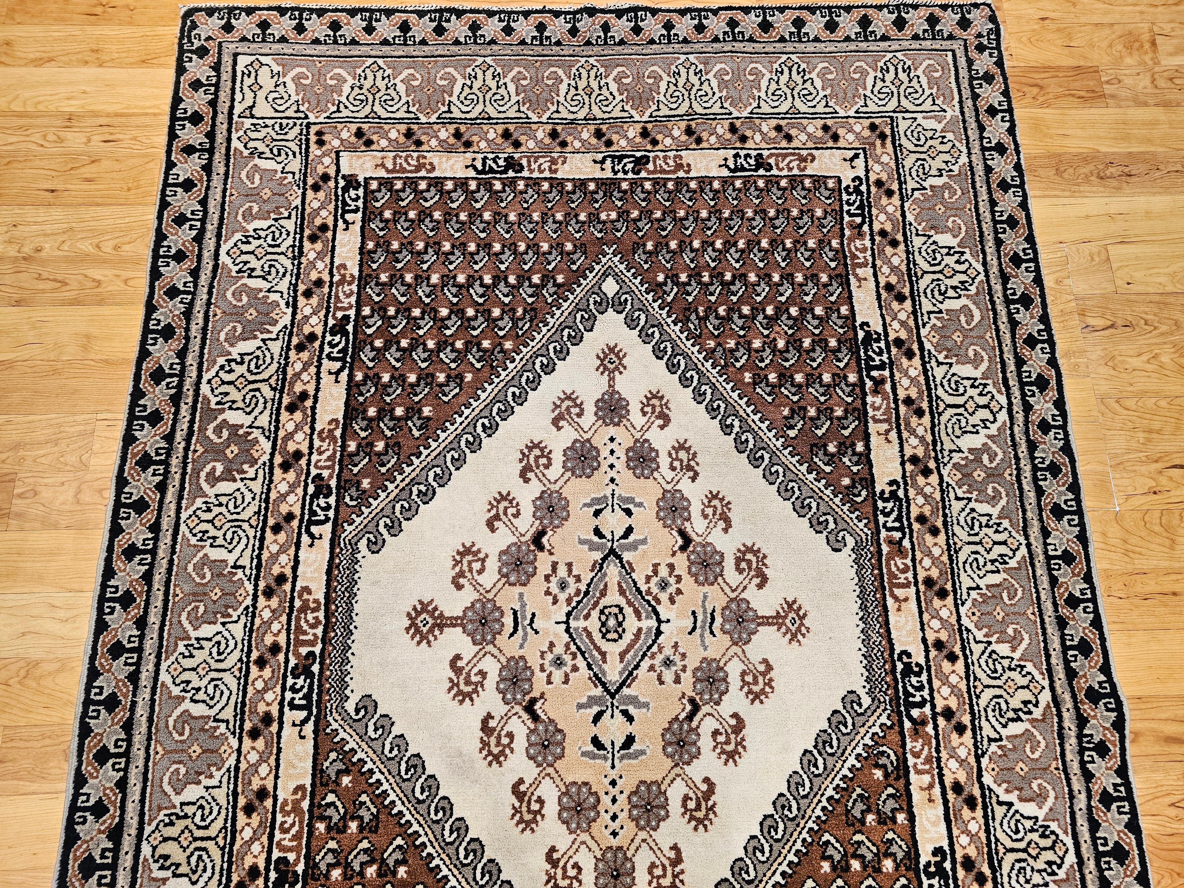 Hand-Knotted Vintage Moroccan Rug in Medallion Pattern in Brown, Ivory, Black, Gray For Sale