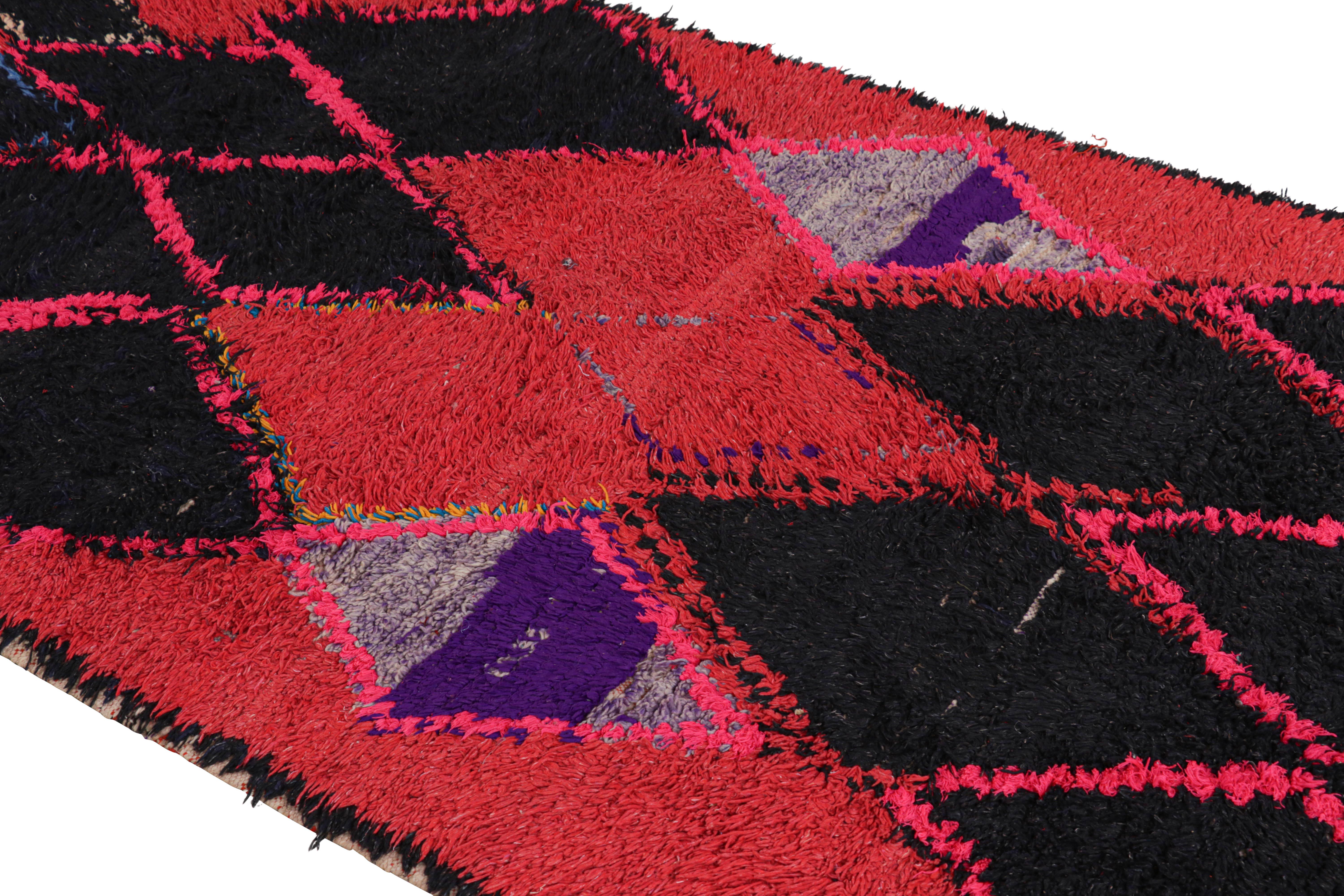 Hand-knotted in wool and originating from Morocco circa 1950-1960, this 4x8 vintage Moroccan rug is an extremely rare piece like so few of its provenance. 

On the Design: 

Admirers of the craft will note what an exceptional find this shabby chic