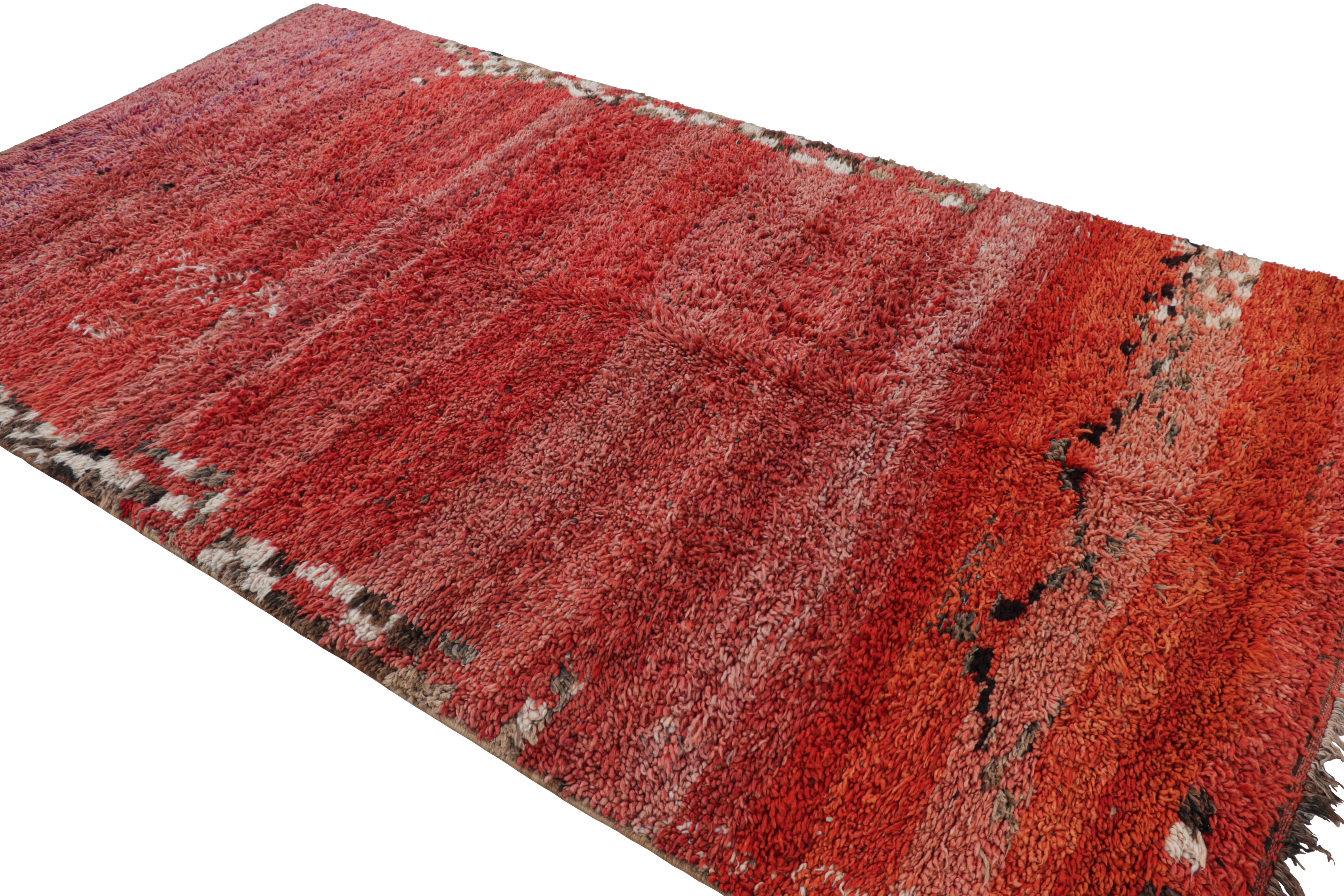 Mid-20th Century Vintage Moroccan Rug in Red with High Pile Stripes and Striae, from Rug & Kilim For Sale