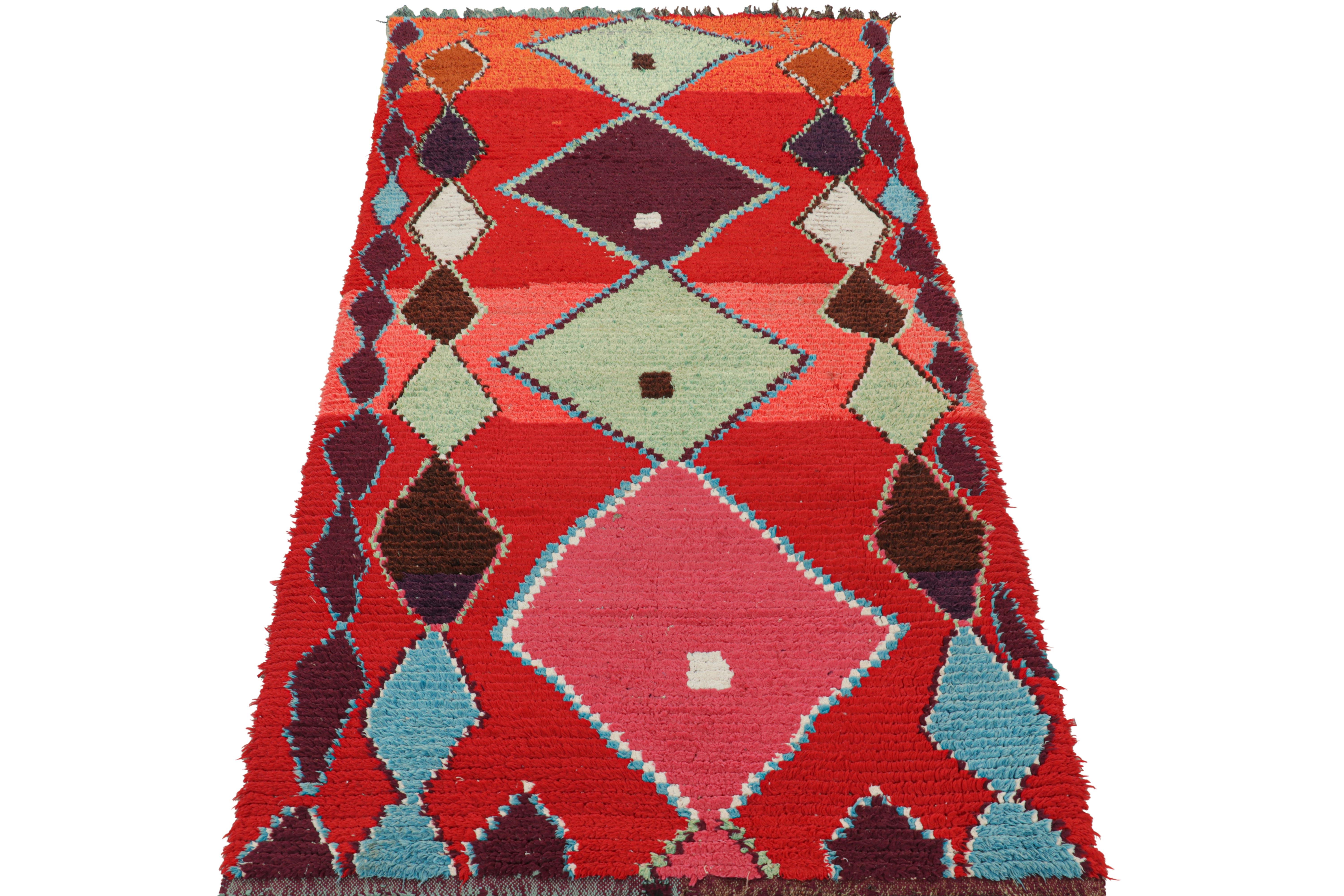 Vintage Moroccan Rug in Red with Multicolor Diamond Medallions  Rug & Kilim In Good Condition For Sale In Long Island City, NY