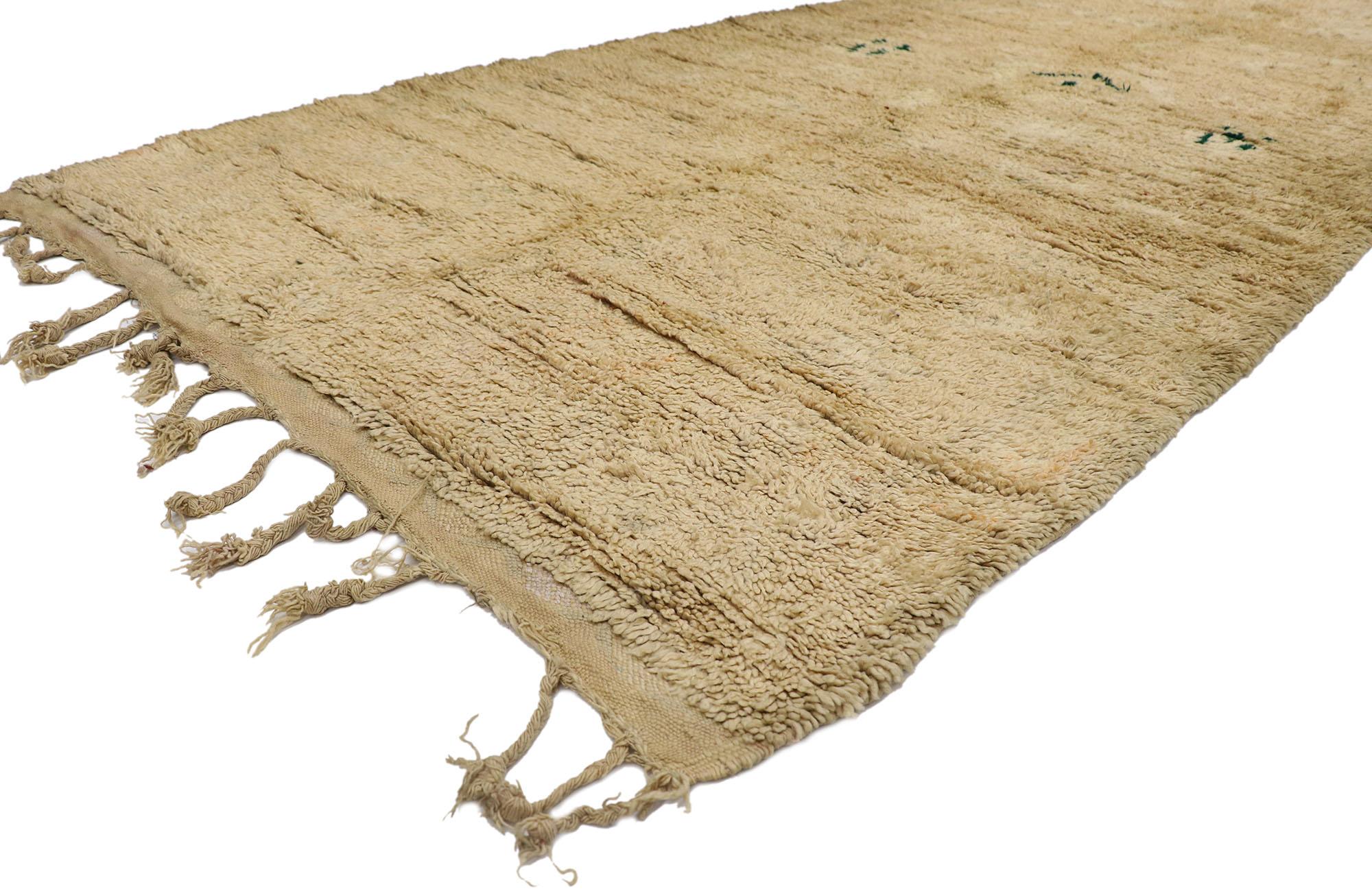21420 Vintage Moroccan Rug, 05'00 x 10'03.
Nomadic charm meets rustic sensibility in this vintage Berber Moroccan rug. The faded tribal pattern and neutral earth-tone colors woven into this piece work together creating a curated lived-in look while