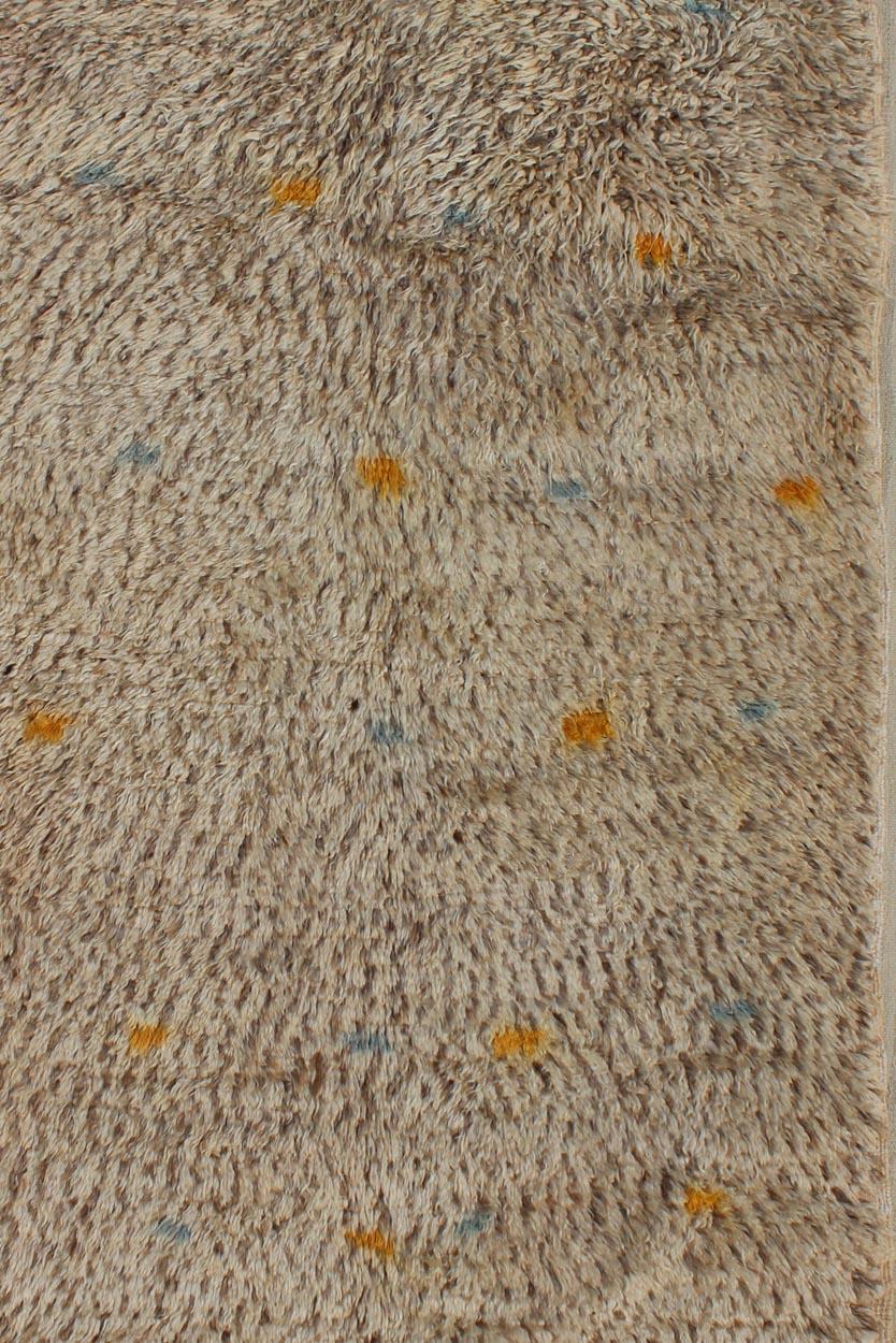 Wool Vintage Moroccan Rug on Taupe Field with Pops of Blue and Yellow For Sale