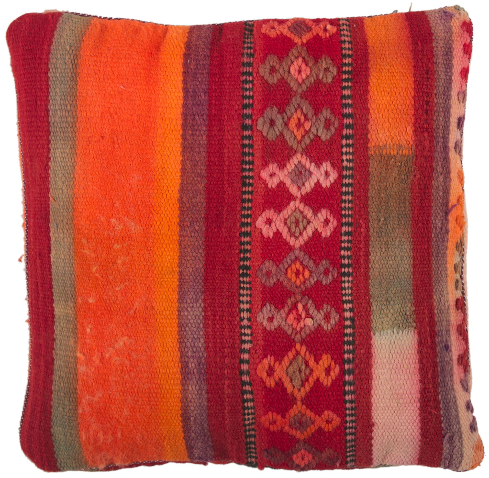 Vintage Moroccan Rug Pillow by Berber Tribes of Morocco In Distressed Condition For Sale In Dallas, TX