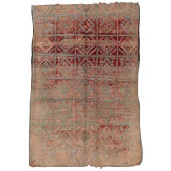 Vintage Moroccan Rug, Red and Orange Field, Green Diamonds