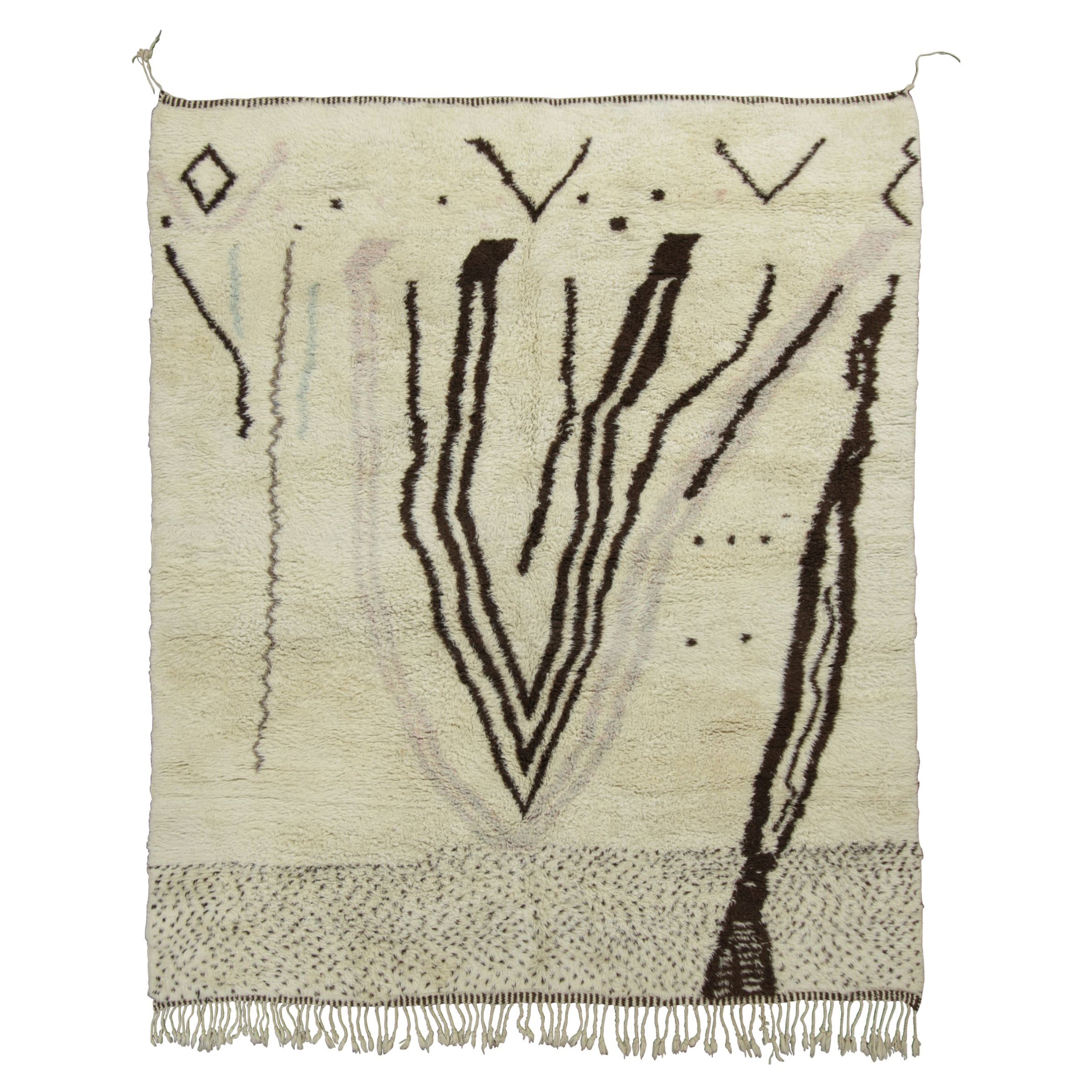 Vintage Moroccan rug, White with Bold Brown Primitivist Geometry - Rug
Kilim