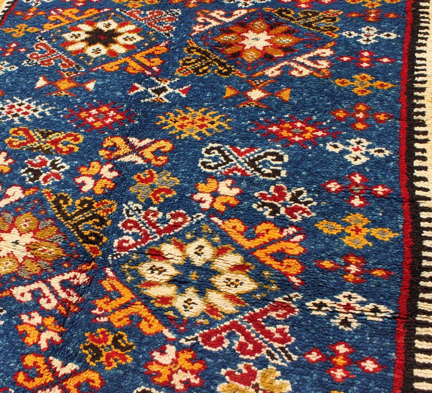 Vintage Moroccan Rug with Bright Blue Field and Colorful Geometric Motifs 2