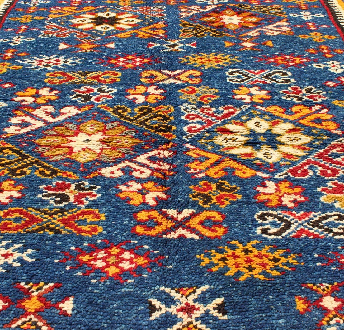 Vintage Moroccan Rug with Bright Blue Field and Colorful Geometric Motifs 3