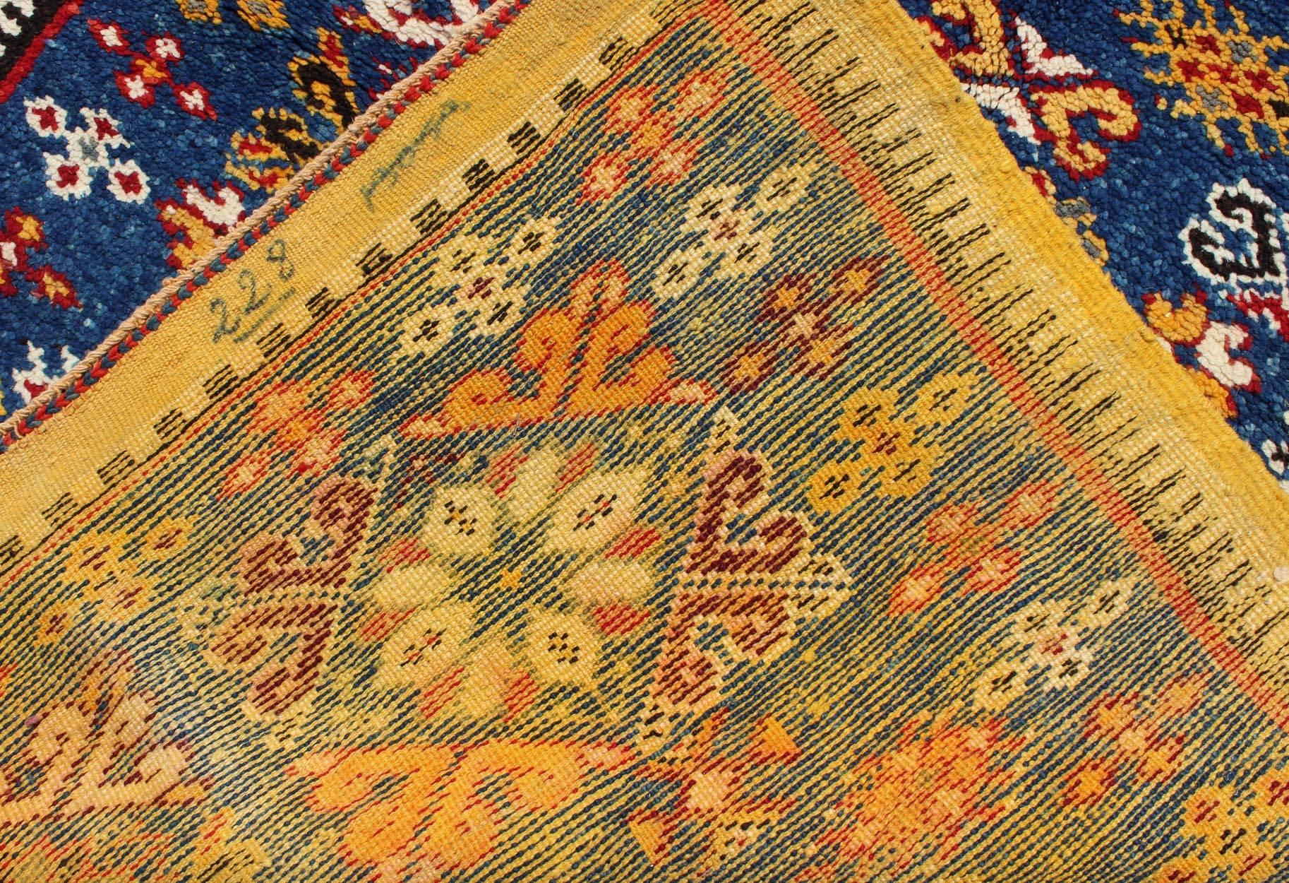 Vintage Moroccan Rug with Bright Blue Field and Colorful Geometric Motifs 4