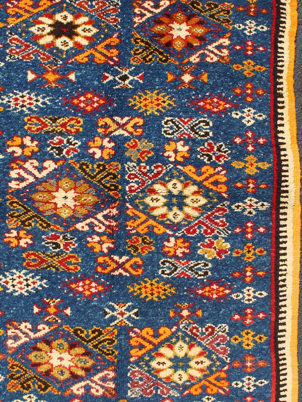 Tribal Vintage Moroccan Rug with Bright Blue Field and Colorful Geometric Motifs