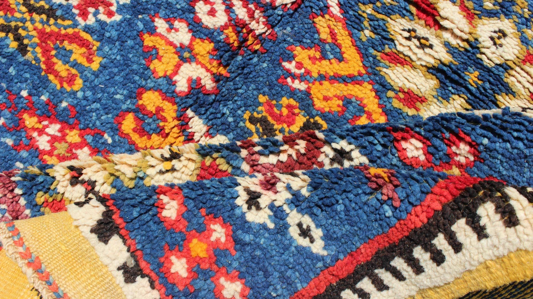 Hand-Knotted Vintage Moroccan Rug with Bright Blue Field and Colorful Geometric Motifs