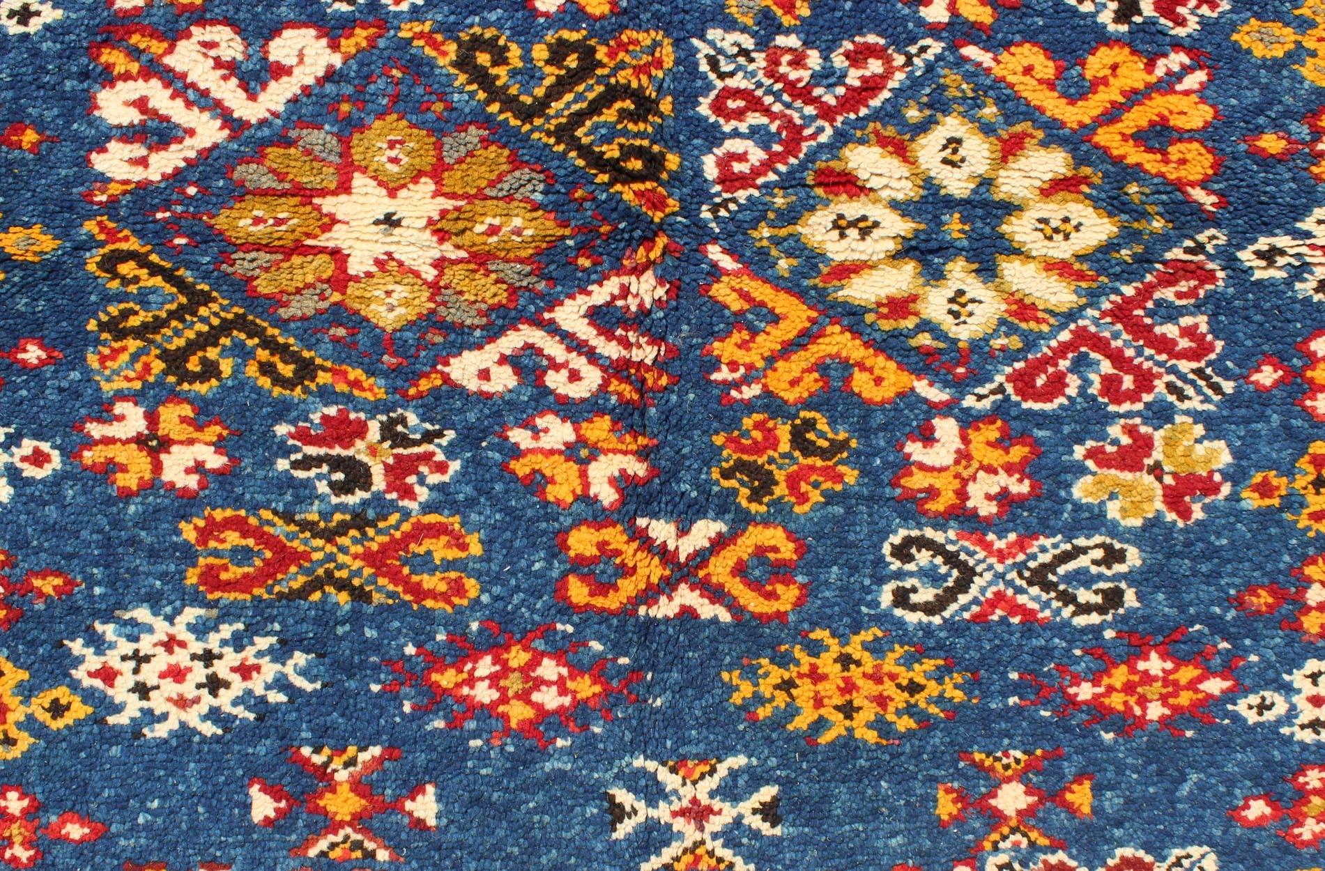 Vintage Moroccan Rug with Bright Blue Field and Colorful Geometric Motifs In Excellent Condition In Atlanta, GA