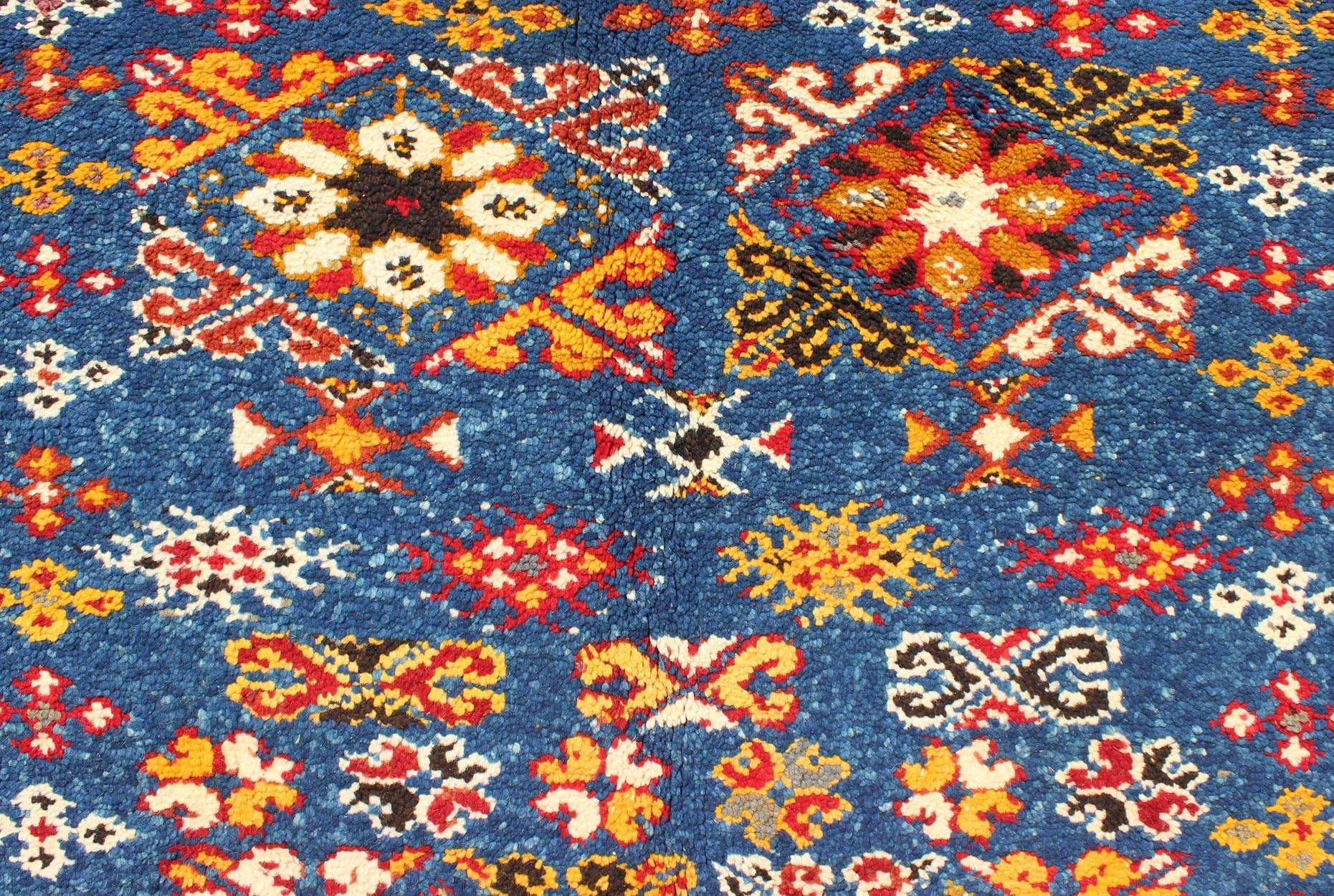 Late 20th Century Vintage Moroccan Rug with Bright Blue Field and Colorful Geometric Motifs