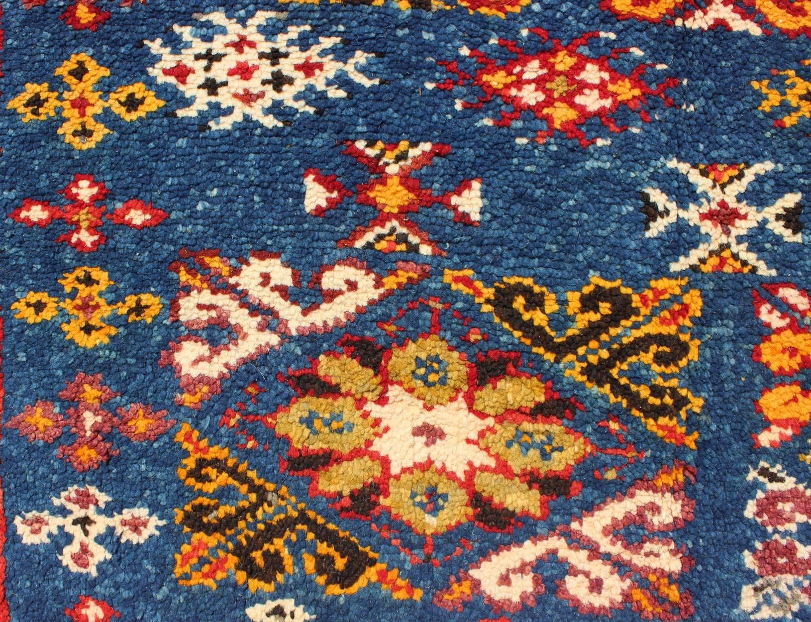 Wool Vintage Moroccan Rug with Bright Blue Field and Colorful Geometric Motifs
