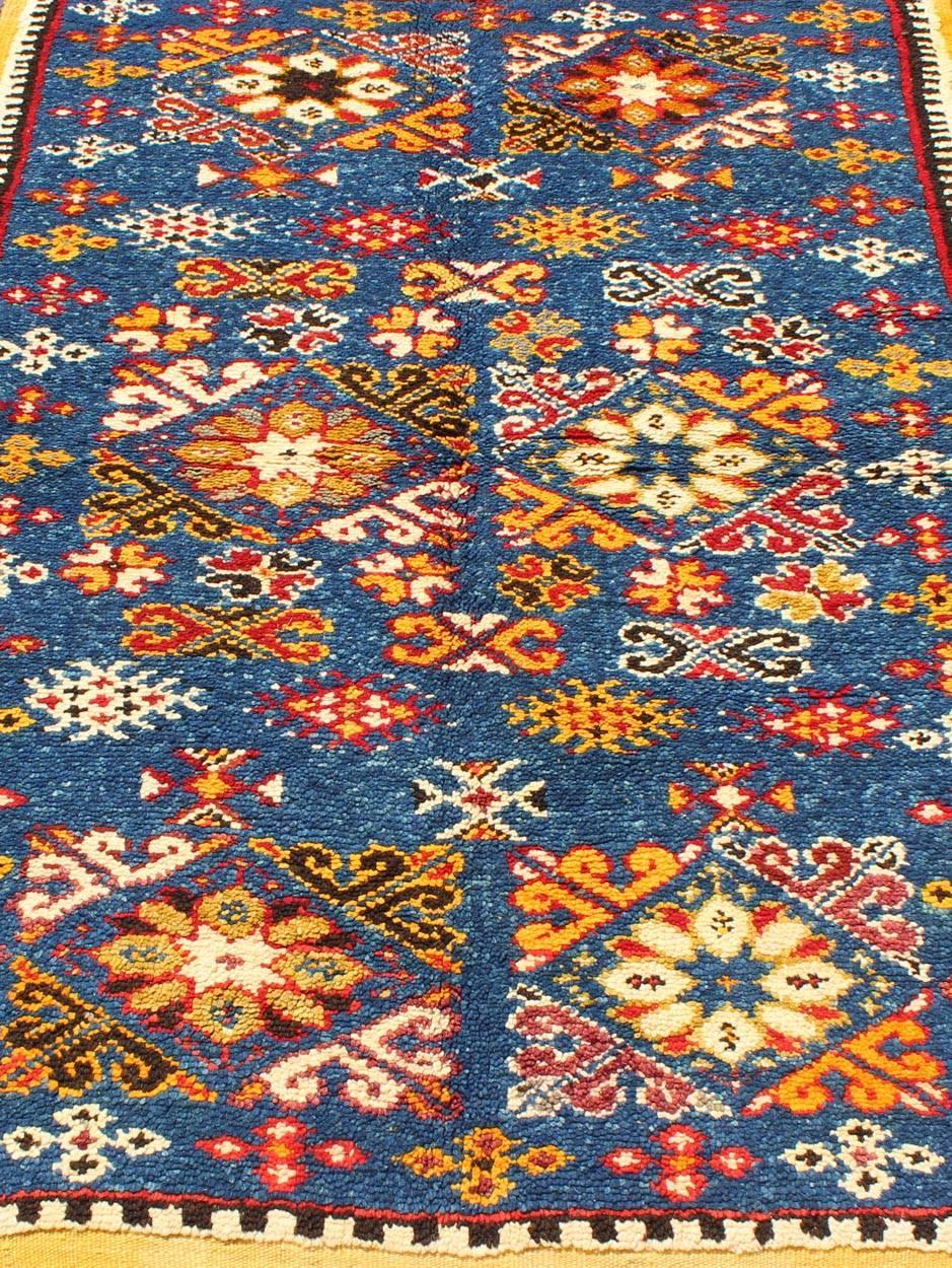 Vintage Moroccan Rug with Bright Blue Field and Colorful Geometric Motifs 1