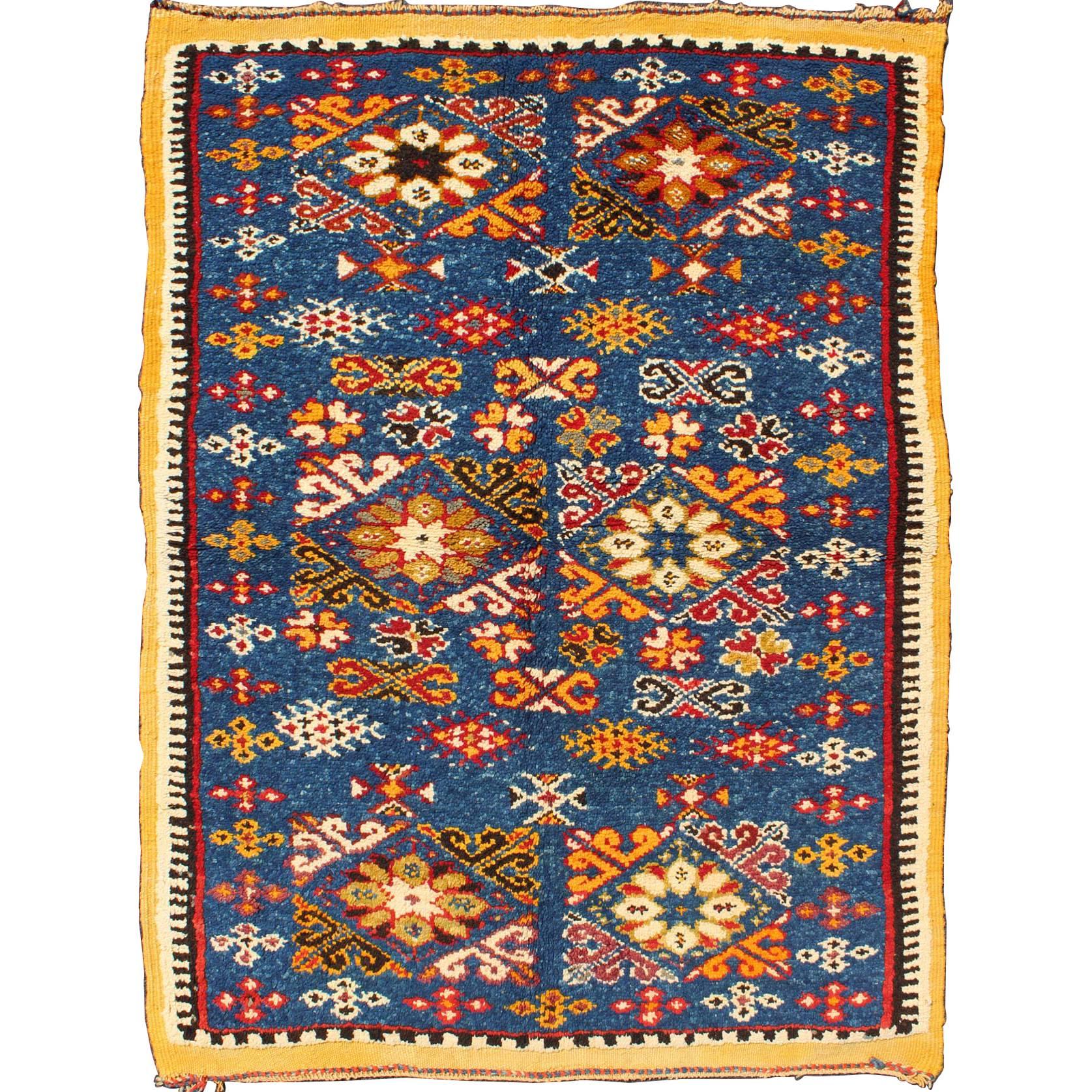 Vintage Moroccan Rug with Bright Blue Field and Colorful Geometric Motifs