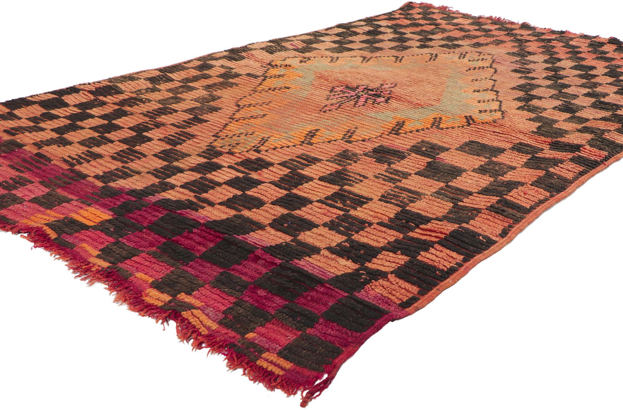 78406 Vintage Orange Boujad Moroccan Rug, 03'08 x 06'00. Boujad rugs, originating from the Boujad region in the Middle Atlas Mountains, are traditional handwoven Moroccan masterpieces crafted by indigenous Berber artisans. Revered for their