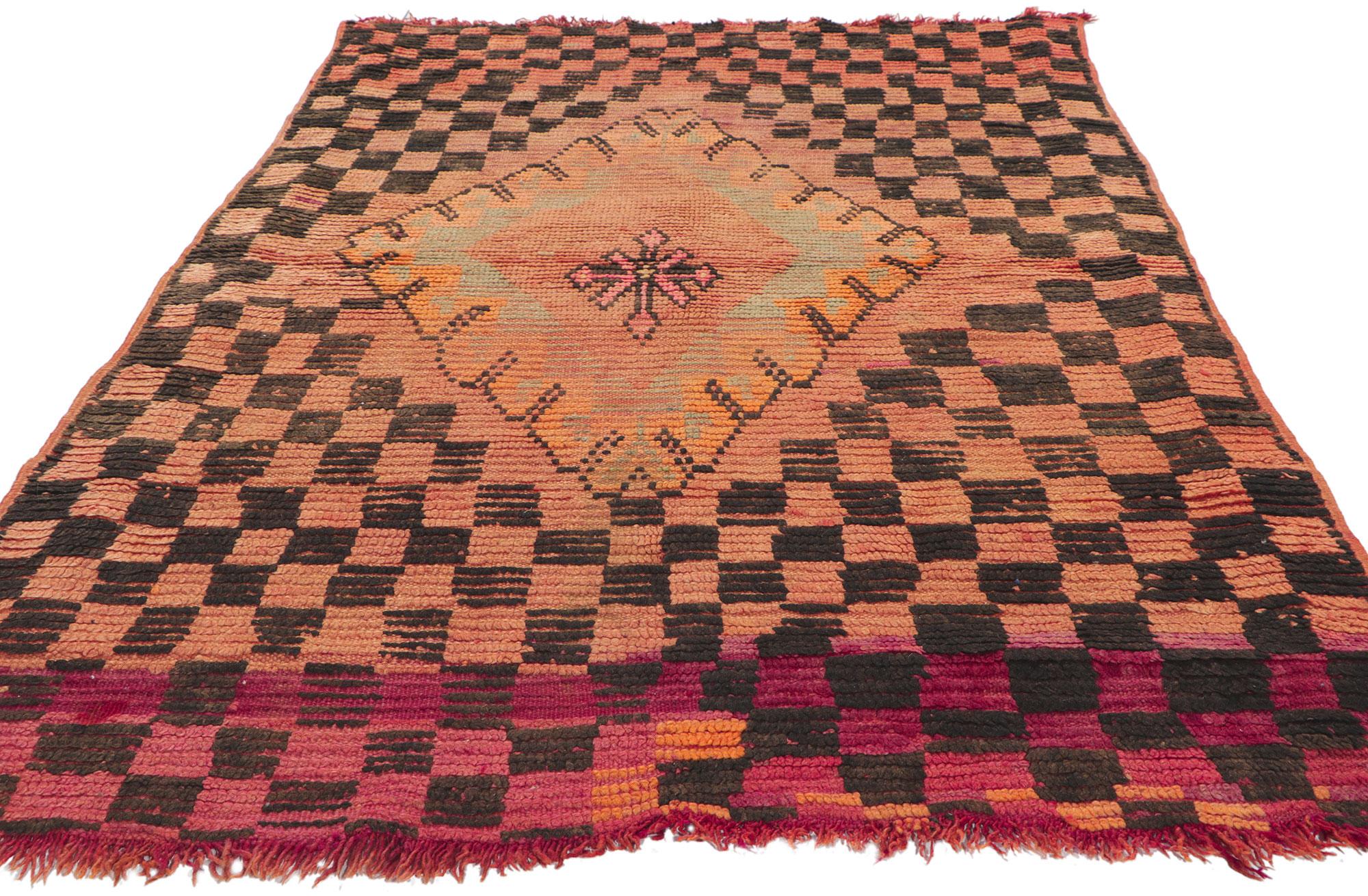 Hand-Knotted Vintage Orange Boujad Moroccan Rug, Tribal Enchantment Meets Midcentury Elegance For Sale