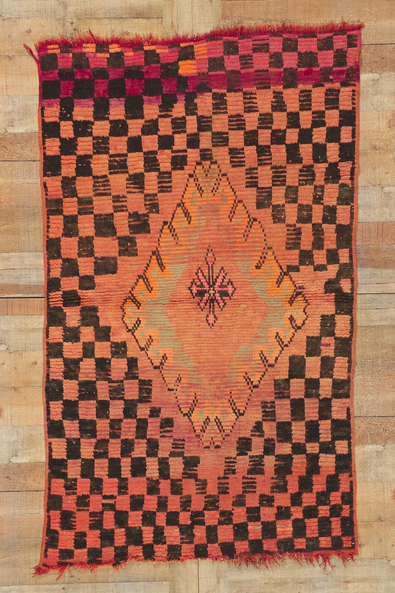 Vintage Orange Boujad Moroccan Rug, Tribal Enchantment Meets Midcentury Elegance For Sale 1