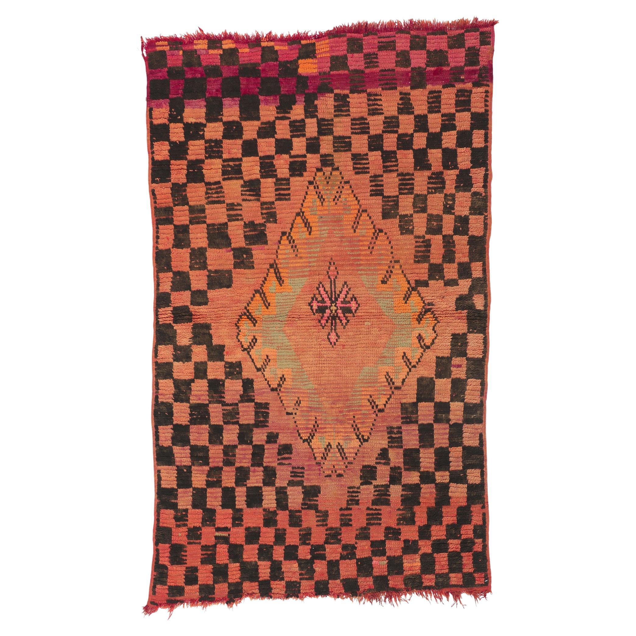 Vintage Orange Boujad Moroccan Rug, Tribal Enchantment Meets Midcentury Elegance For Sale
