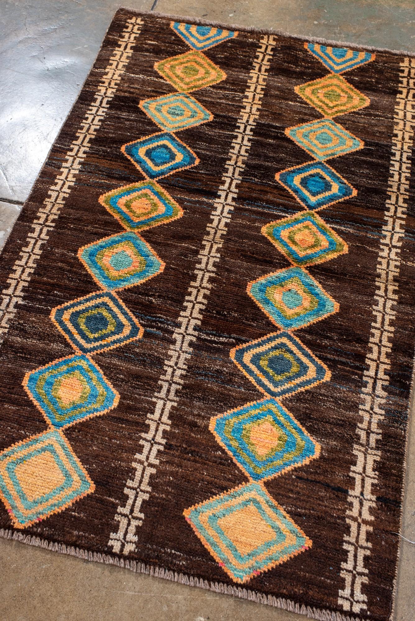 Hand-Knotted Vintage Moroccan Rug with Diamond Medallions on Brown Field For Sale