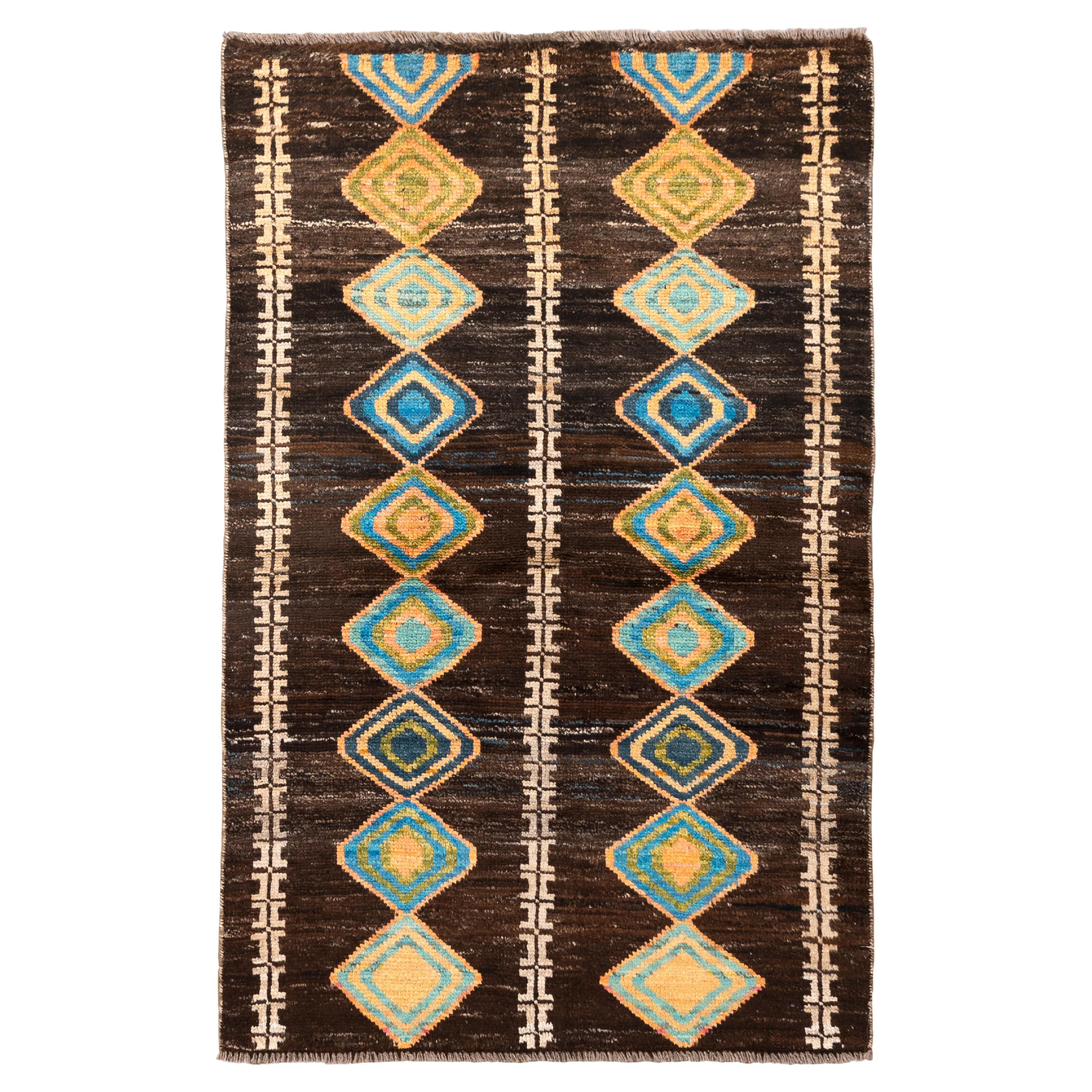 Vintage Moroccan Rug with Diamond Medallions on Brown Field For Sale