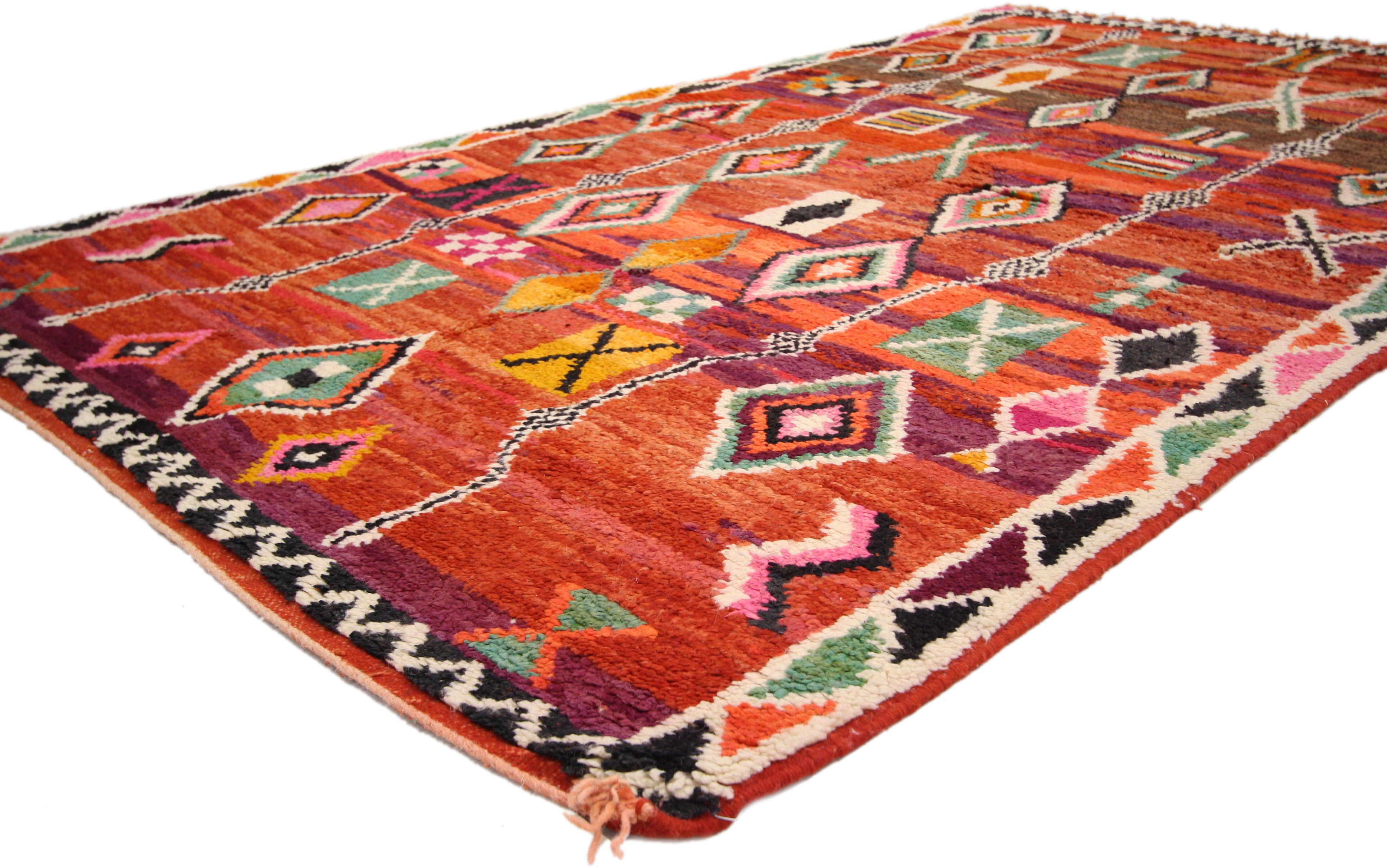 74815 Vintage Moroccan Rug with Geometric Print, Tribal Style Berber Moroccan Area Rug. This hand-knotted wool vintage Berber Moroccan rug evokes imagery of power and majesty. Animated with Berber tribe motifs and secondary protection symbols, from